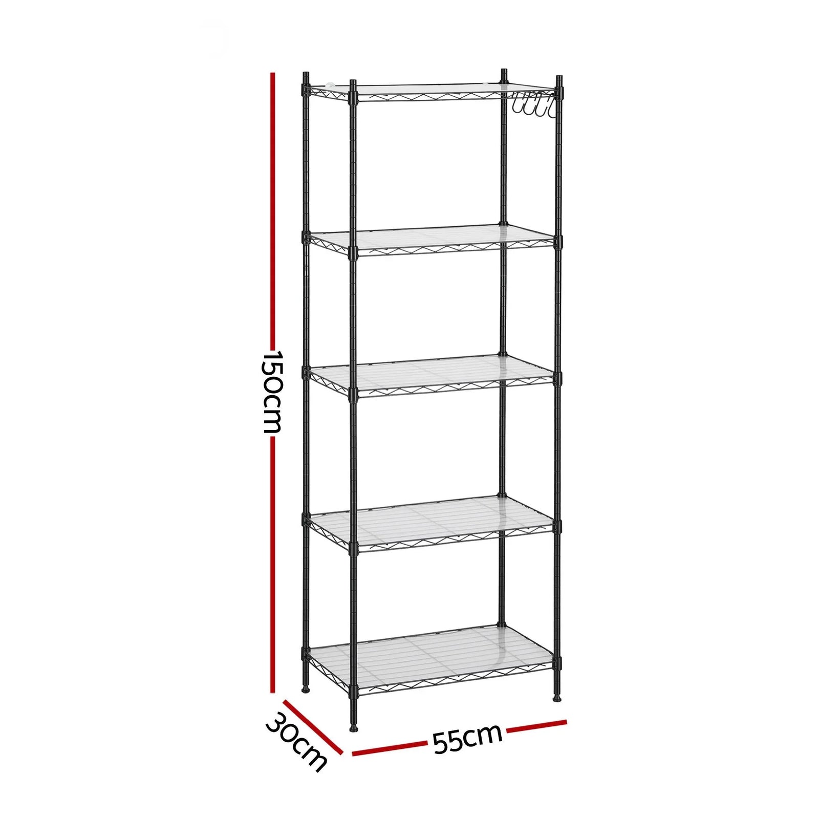 Kitchen Rack 5‑Tier 55×30×150cm – Metal Storage Shelving Unit, 50kg/Tier, Black
