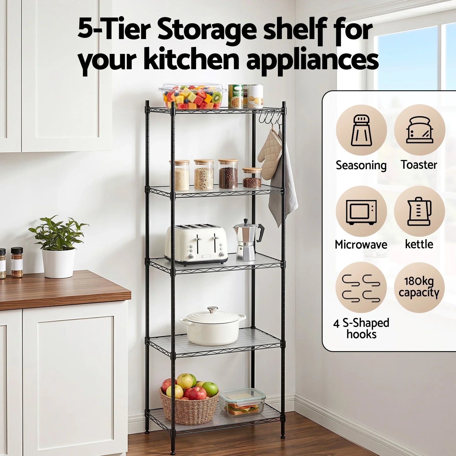 Kitchen Rack 5‑Tier 55×30×150cm – Metal Storage Shelving Unit, 50kg/Tier, Black
