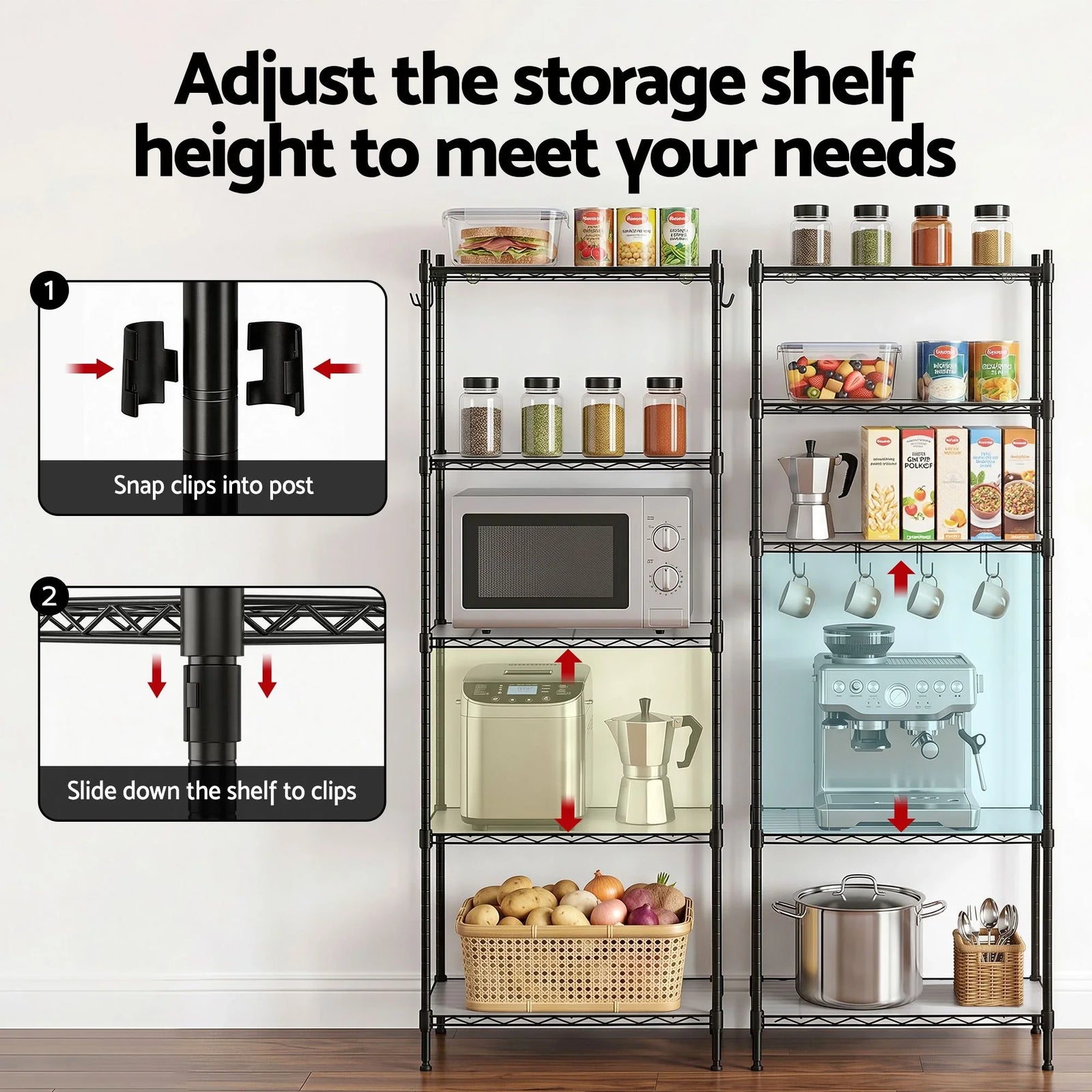 Kitchen Rack 5‑Tier 55×30×150cm – Metal Storage Shelving Unit, 50kg/Tier, Black