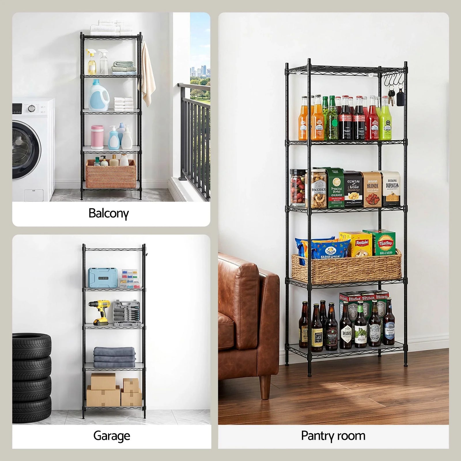 Kitchen Rack 5‑Tier 55×30×150cm – Metal Storage Shelving Unit, 50kg/Tier, Black