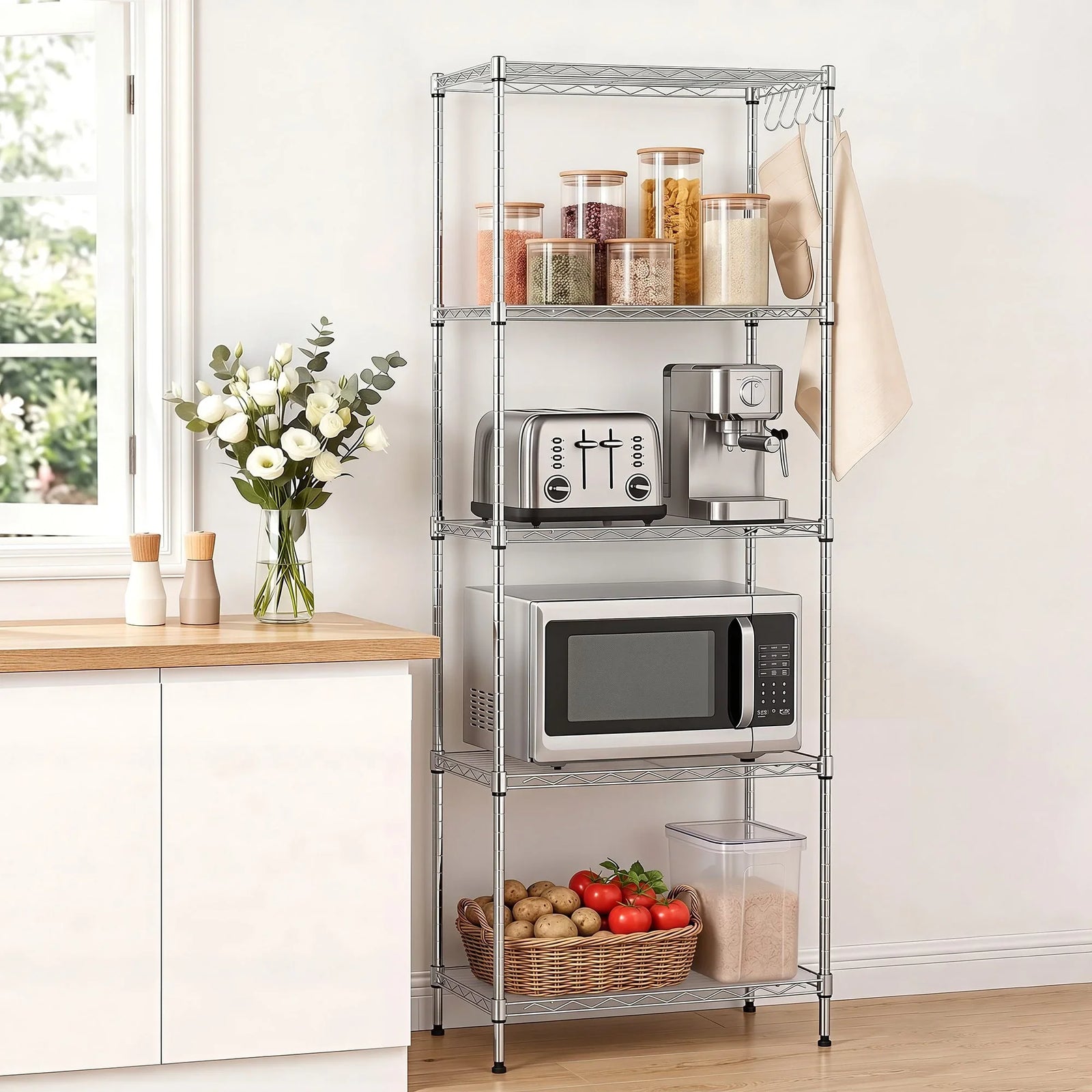 Kitchen Rack 5‑Tier 60×35×150cm – Metal Storage Shelving Unit, 50kg/Tier, Silver