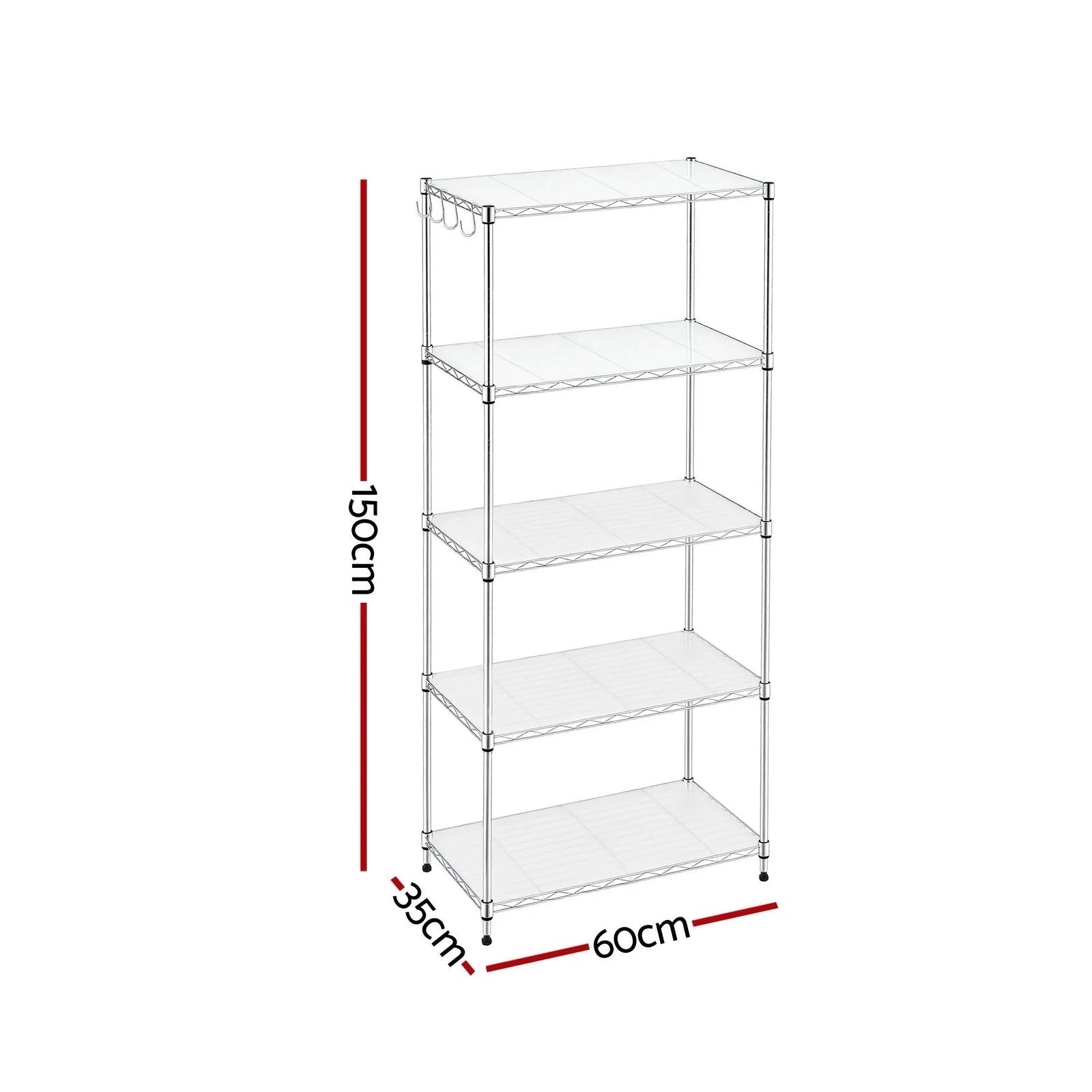 Kitchen Rack 5‑Tier 60×35×150cm – Metal Storage Shelving Unit, 50kg/Tier, Silver
