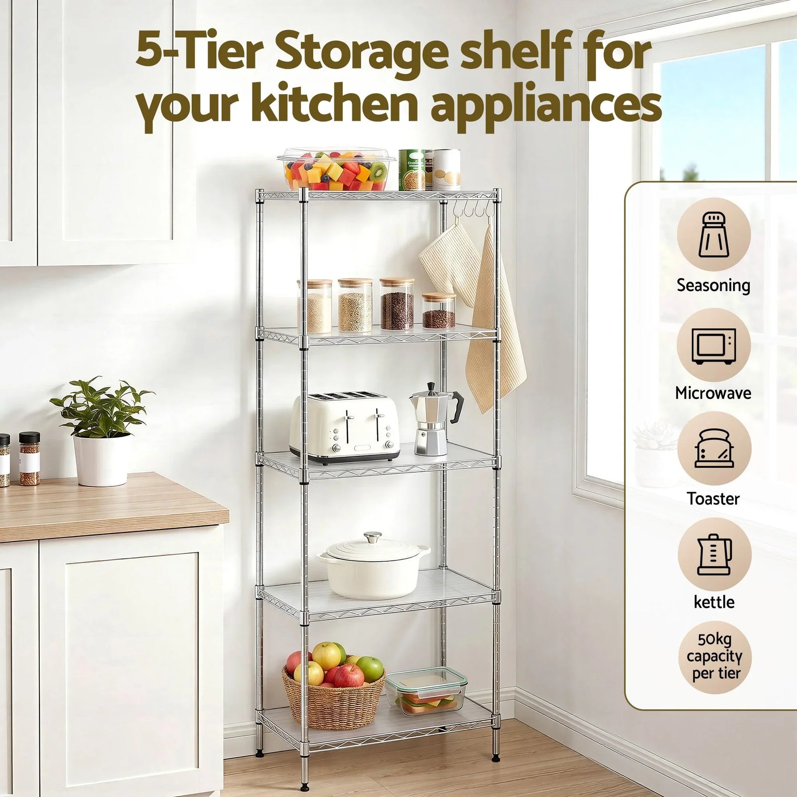 Kitchen Rack 5‑Tier 60×35×150cm – Metal Storage Shelving Unit, 50kg/Tier, Silver
