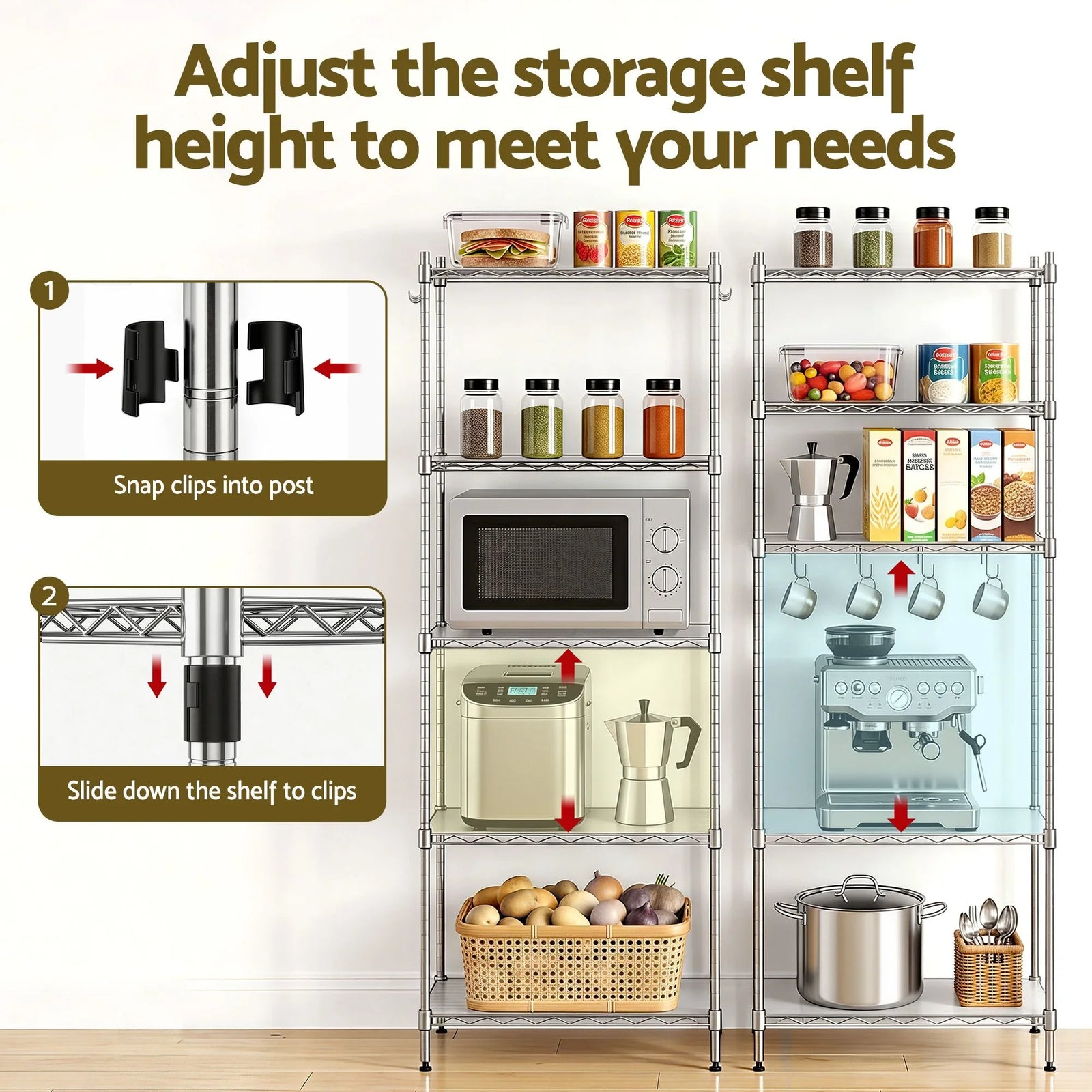 Kitchen Rack 5‑Tier 60×35×150cm – Metal Storage Shelving Unit, 50kg/Tier, Silver