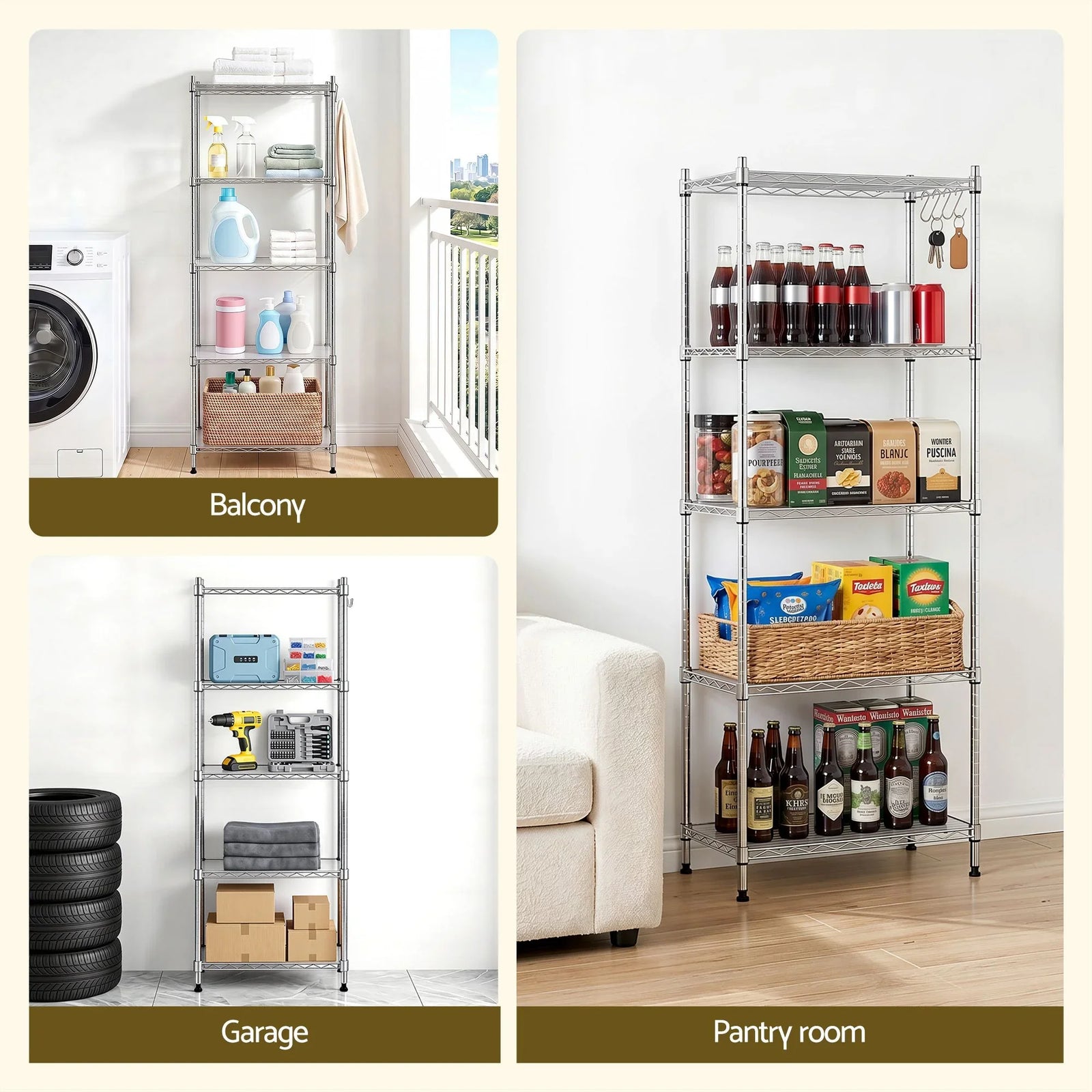 Kitchen Rack 5‑Tier 60×35×150cm – Metal Storage Shelving Unit, 50kg/Tier, Silver