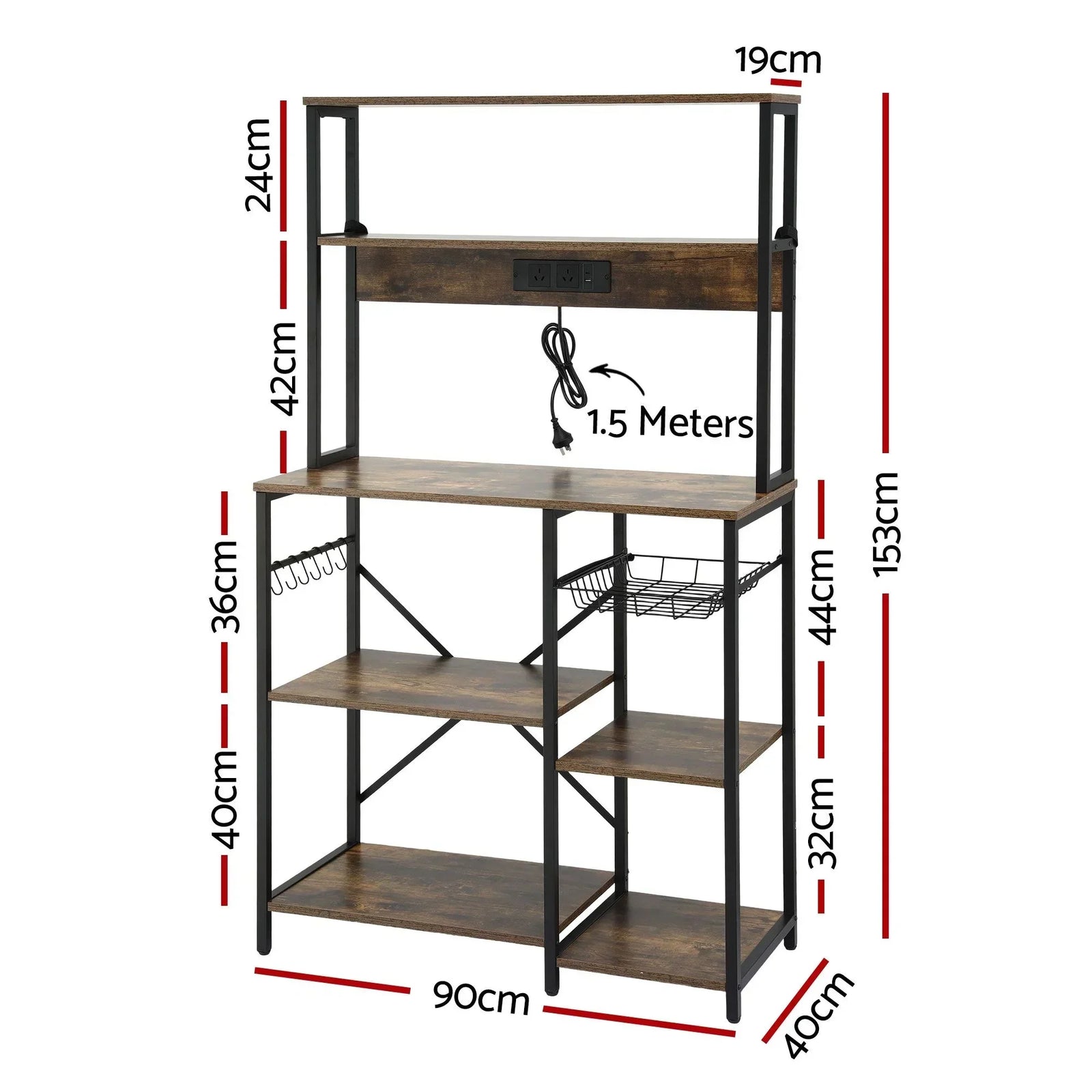 5-Tier Kitchen Rack with Power Outlets 90CMX153CM Microwave Storage Shelf