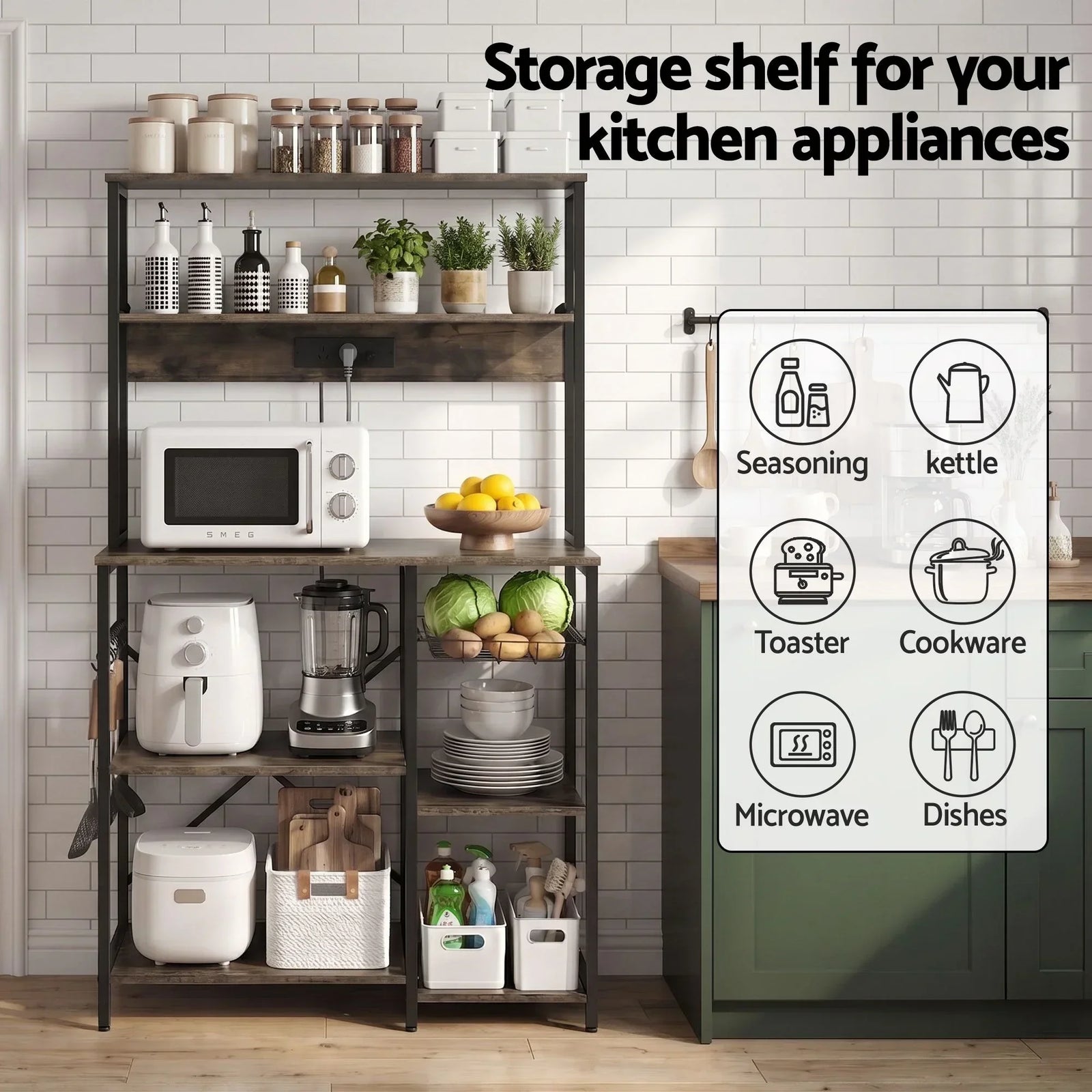5-Tier Kitchen Rack with Power Outlets 90CMX153CM Microwave Storage Shelf