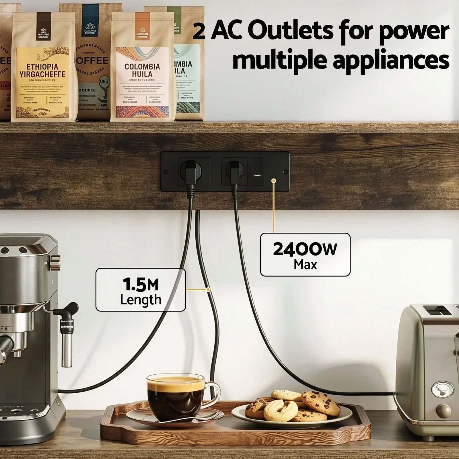 5-Tier Kitchen Rack with Power Outlets 90CMX153CM Microwave Storage Shelf