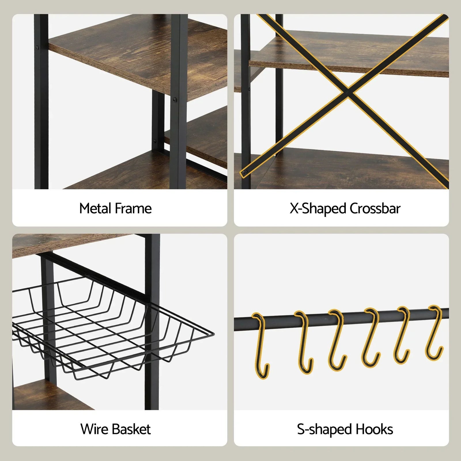 5-Tier Kitchen Rack with Power Outlets 90CMX153CM Microwave Storage Shelf