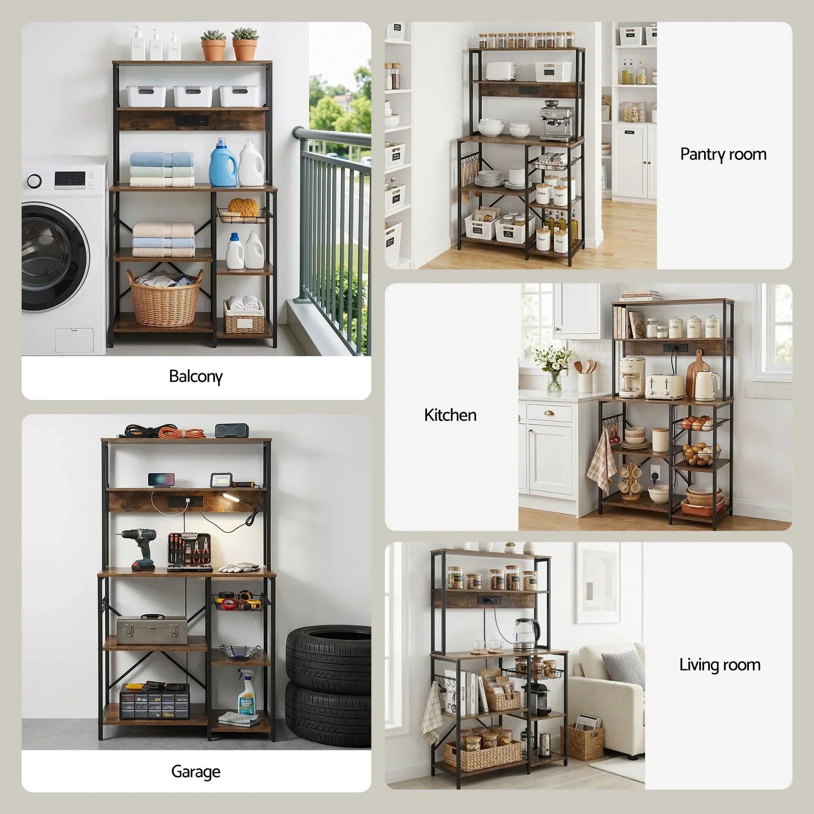 5-Tier Kitchen Rack with Power Outlets 90CMX153CM Microwave Storage Shelf