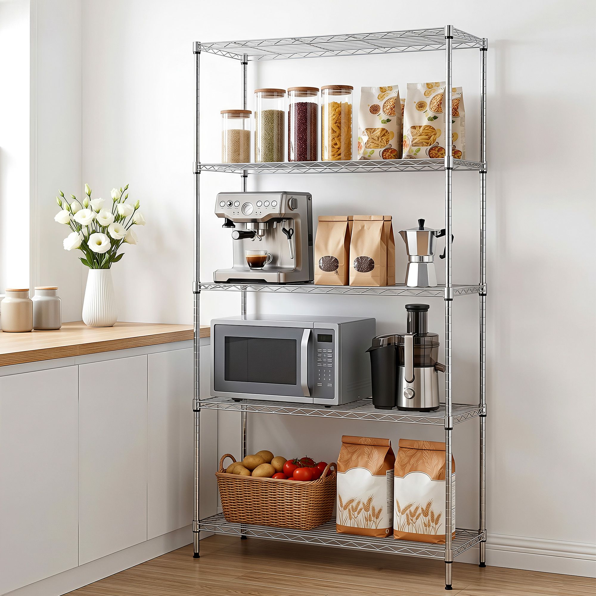 5‑Tier Metal Kitchen Rack – 90×35×182cm, 75kg/Tier, Heavy‑Duty Storage
