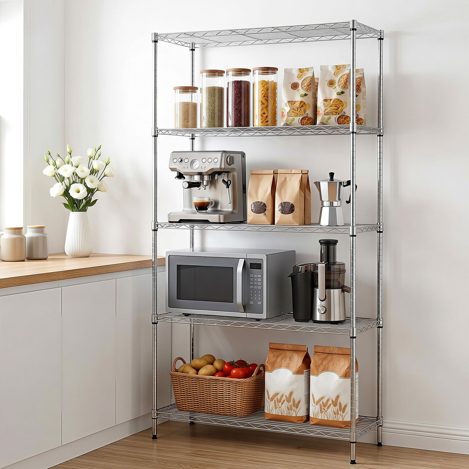 5‑Tier Metal Kitchen Rack – 90×35×182cm, 75kg/Tier, Heavy‑Duty Storage