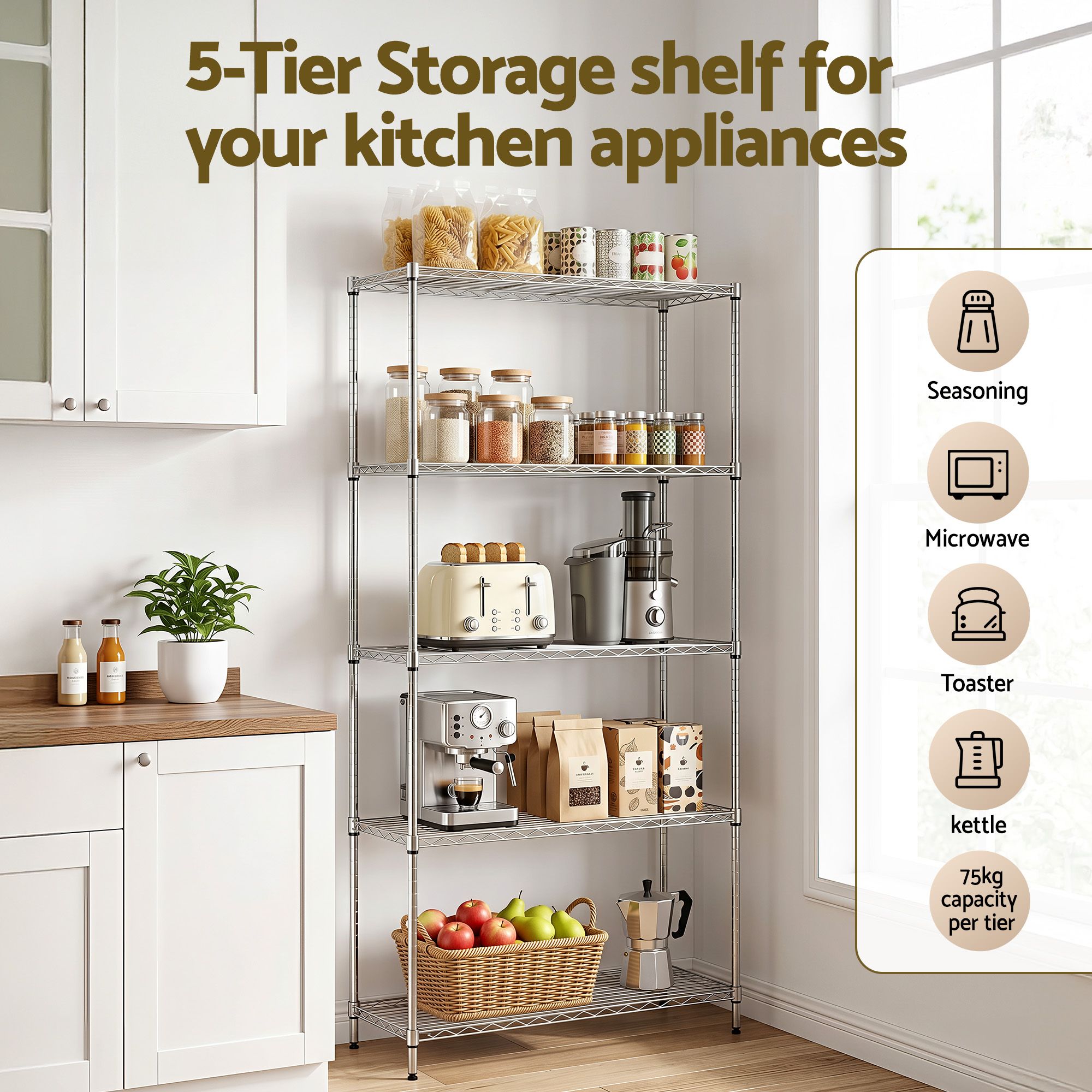 5‑Tier Metal Kitchen Rack – 90×35×182cm, 75kg/Tier, Heavy‑Duty Storage