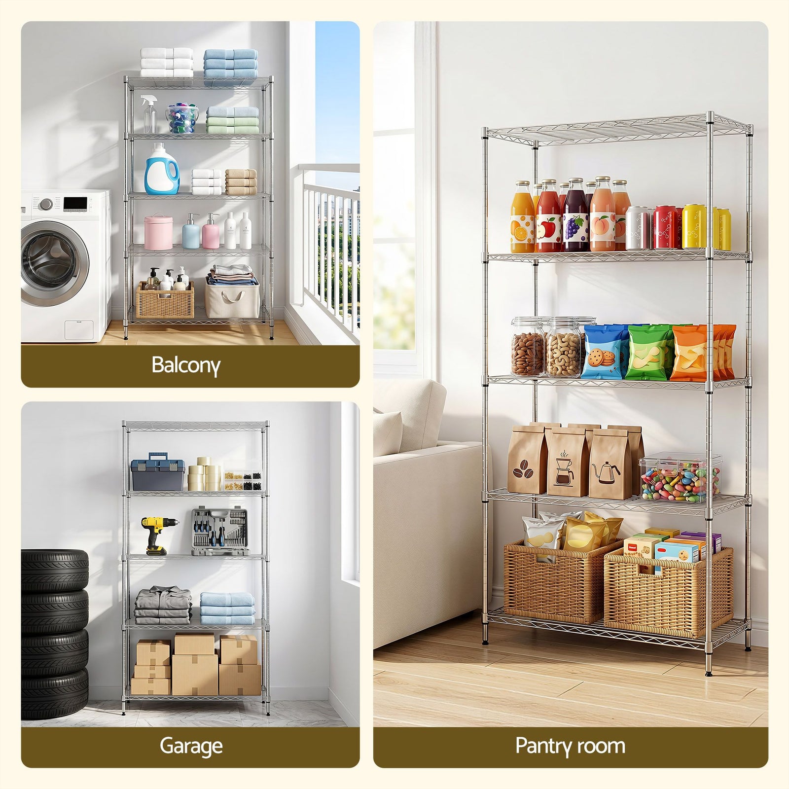 5‑Tier Metal Kitchen Rack – 90×35×182cm, 75kg/Tier, Heavy‑Duty Storage
