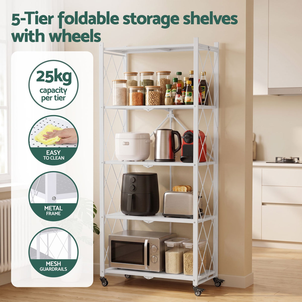 5-Tier Foldable Kitchen Bakers Rack 71x160cm Microwave Stand White