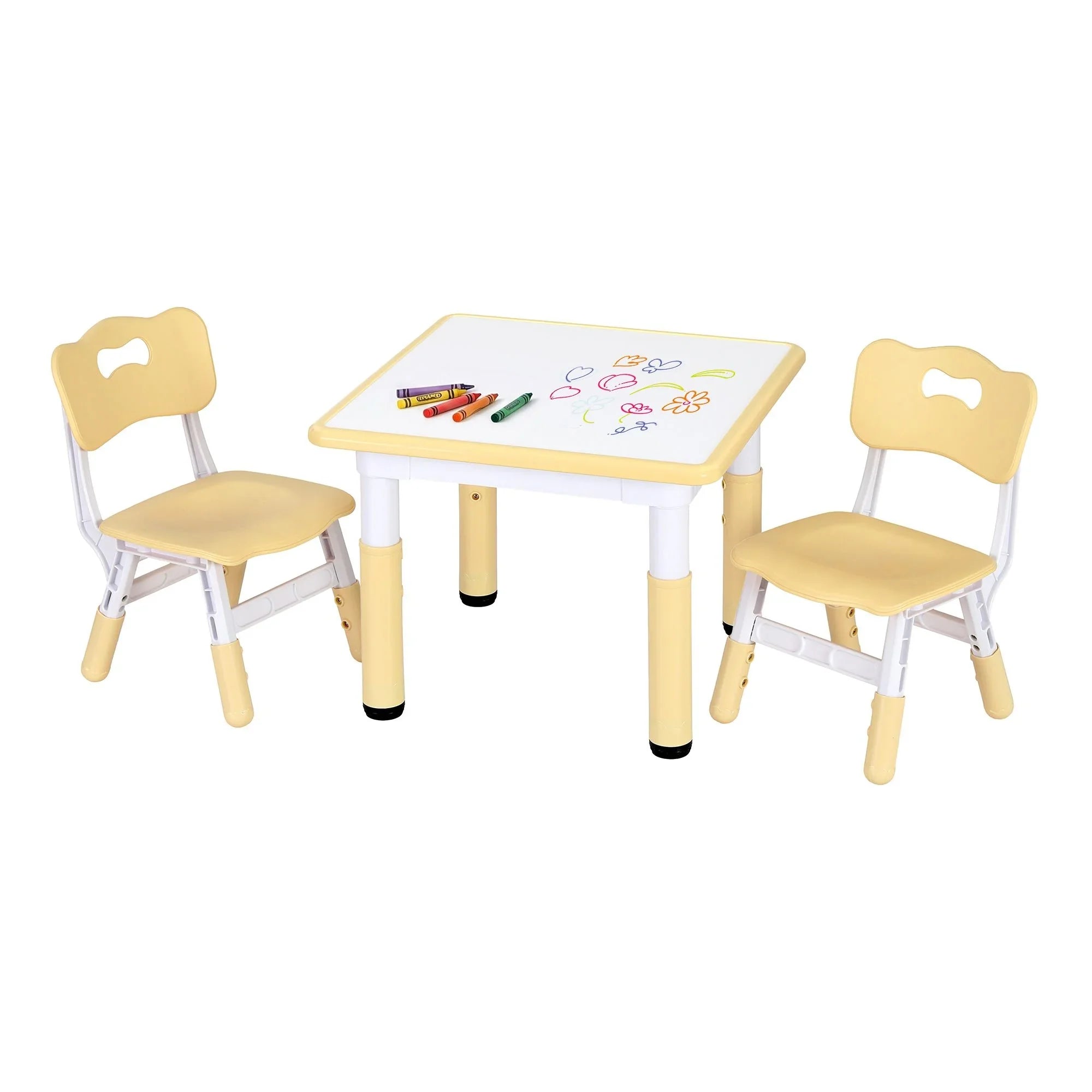 Kids Table and 2 Chairs Set Height Adjustable Toddler Desk and Chair Set for Ages 3-8, Activity Table with Graffiti Desktop for Learning Drawing Playing, Yellow