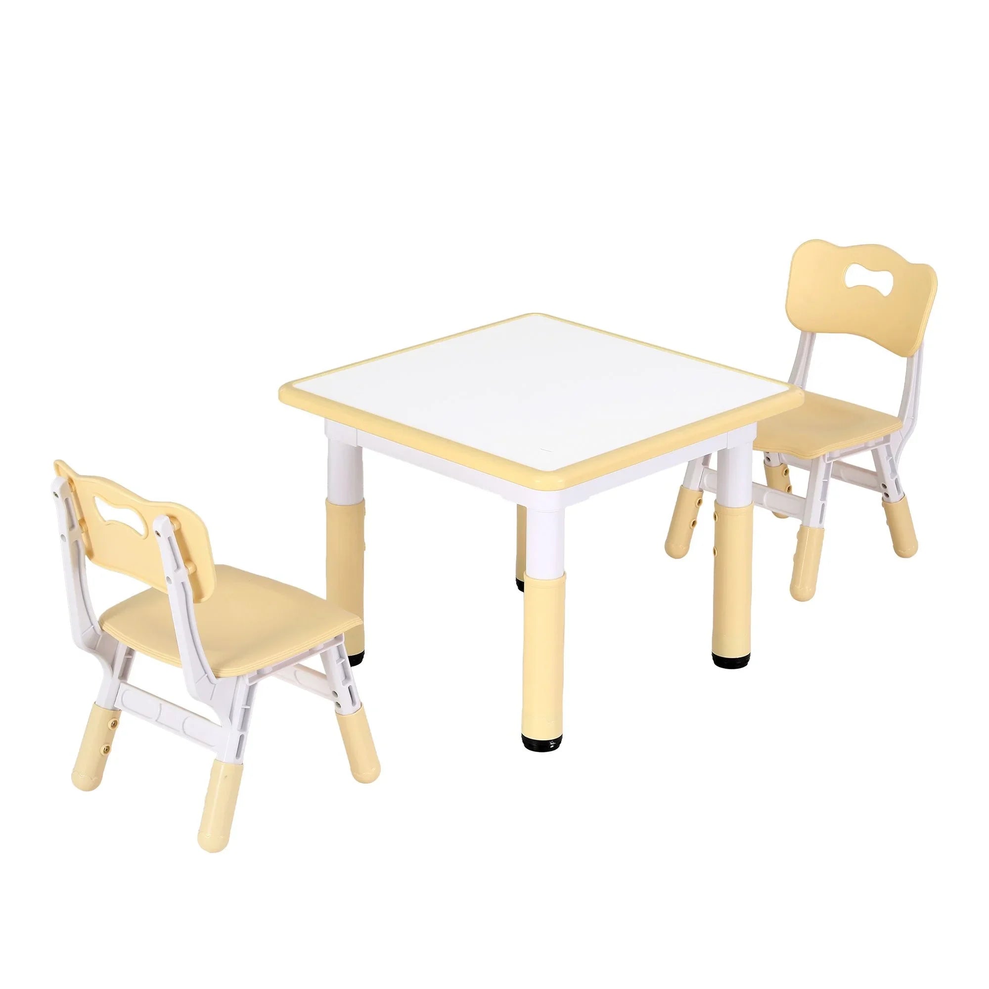 Kids Table and 2 Chairs Set Height Adjustable Toddler Desk and Chair Set for Ages 3-8, Activity Table with Graffiti Desktop for Learning Drawing Playing, Yellow
