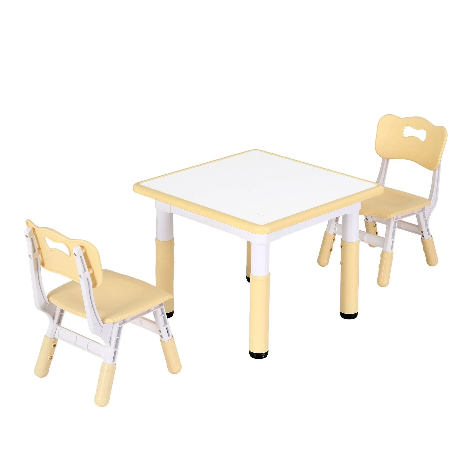 Kids Table and 2 Chairs Set Height Adjustable Toddler Desk and Chair Set for Ages 3-8, Activity Table with Graffiti Desktop for Learning Drawing Playing, Yellow