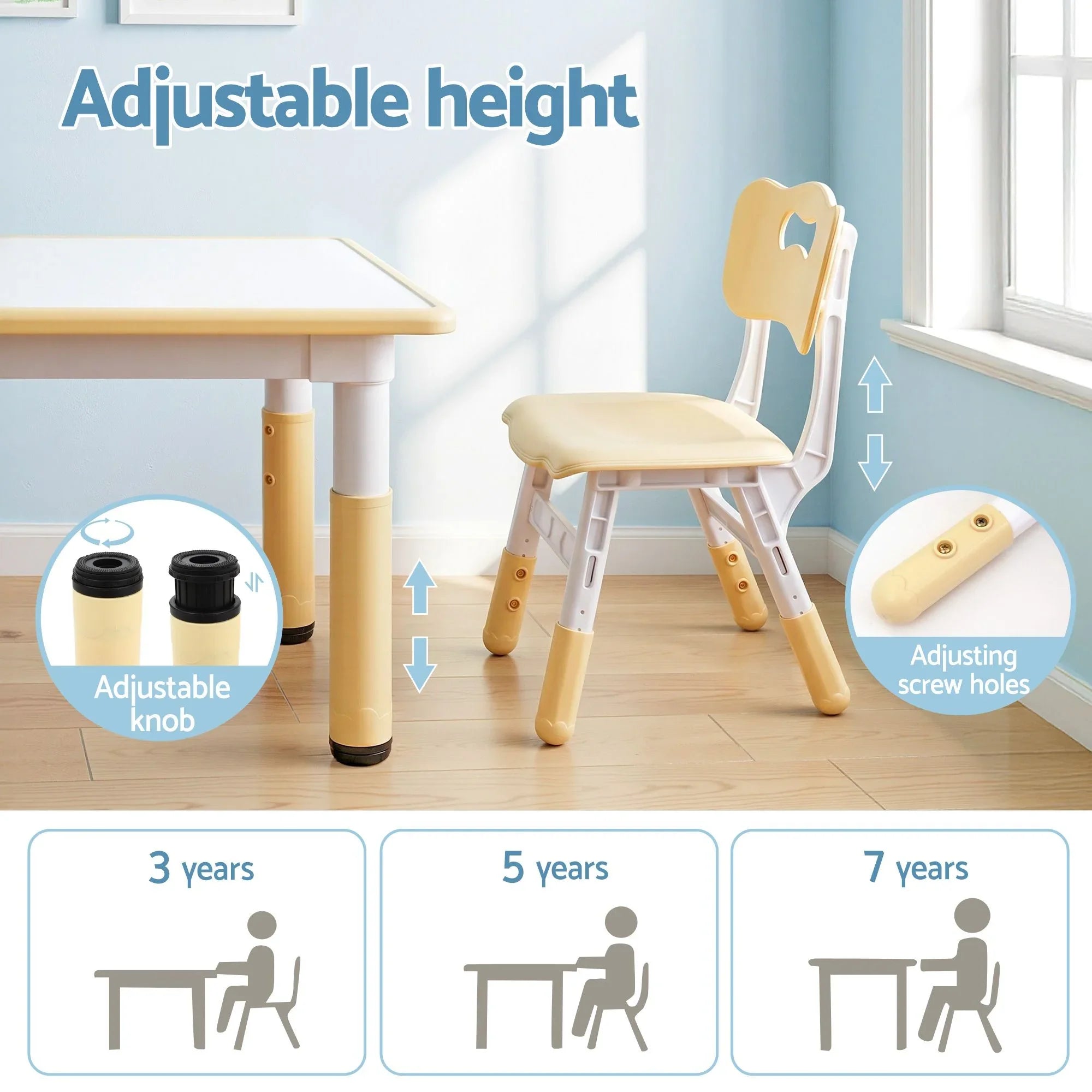 Kids Table and 2 Chairs Set Height Adjustable Toddler Desk and Chair Set for Ages 3-8, Activity Table with Graffiti Desktop for Learning Drawing Playing, Yellow
