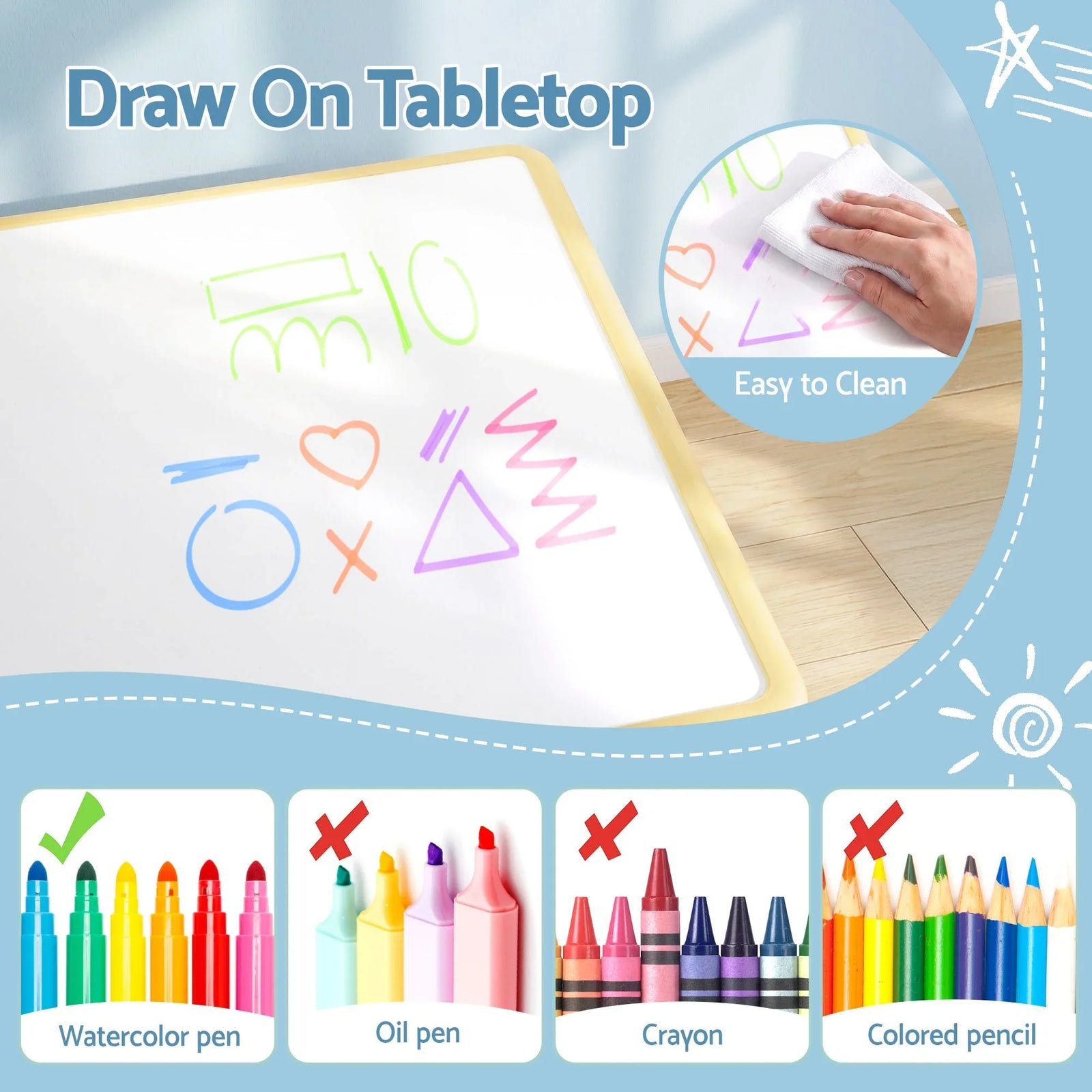 Kids Table and 2 Chairs Set Height Adjustable Toddler Desk and Chair Set for Ages 3-8, Activity Table with Graffiti Desktop for Learning Drawing Playing, Yellow