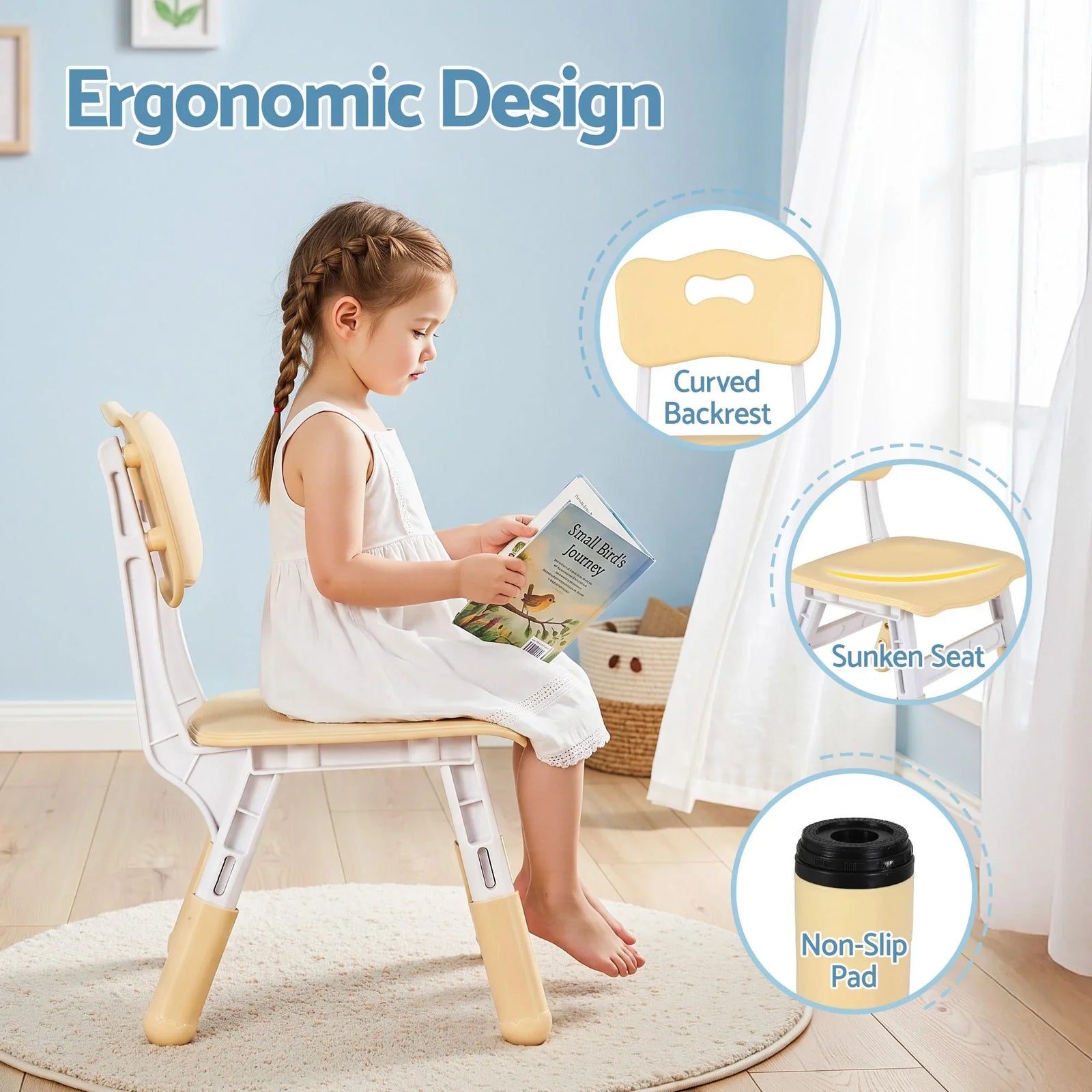 Kids Table and 2 Chairs Set Height Adjustable Toddler Desk and Chair Set for Ages 3-8, Activity Table with Graffiti Desktop for Learning Drawing Playing, Yellow