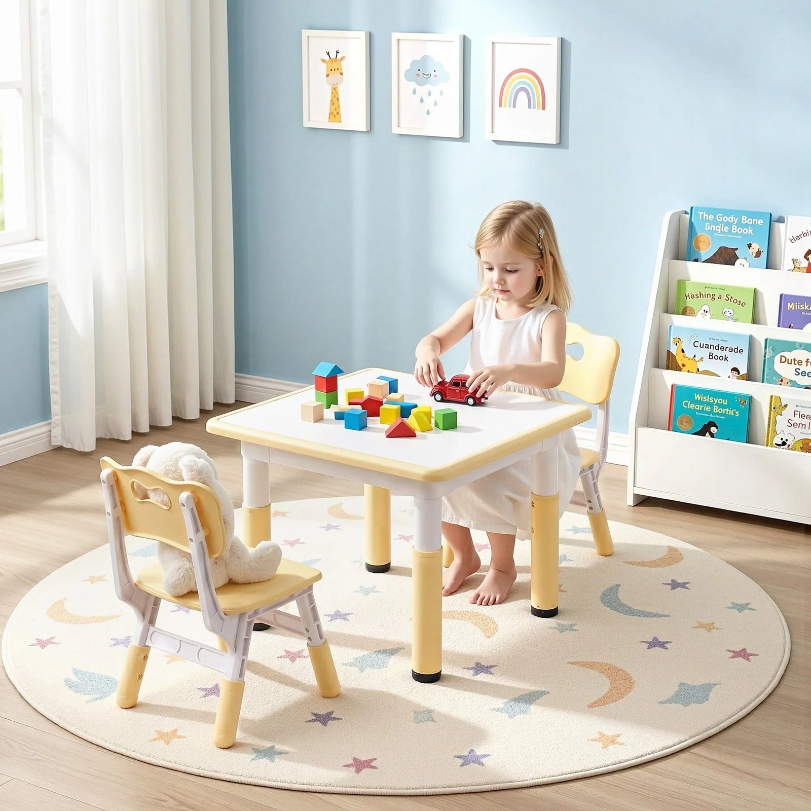 Kids Table and 2 Chairs Set Height Adjustable Toddler Desk and Chair Set for Ages 3-8, Activity Table with Graffiti Desktop for Learning Drawing Playing, Yellow