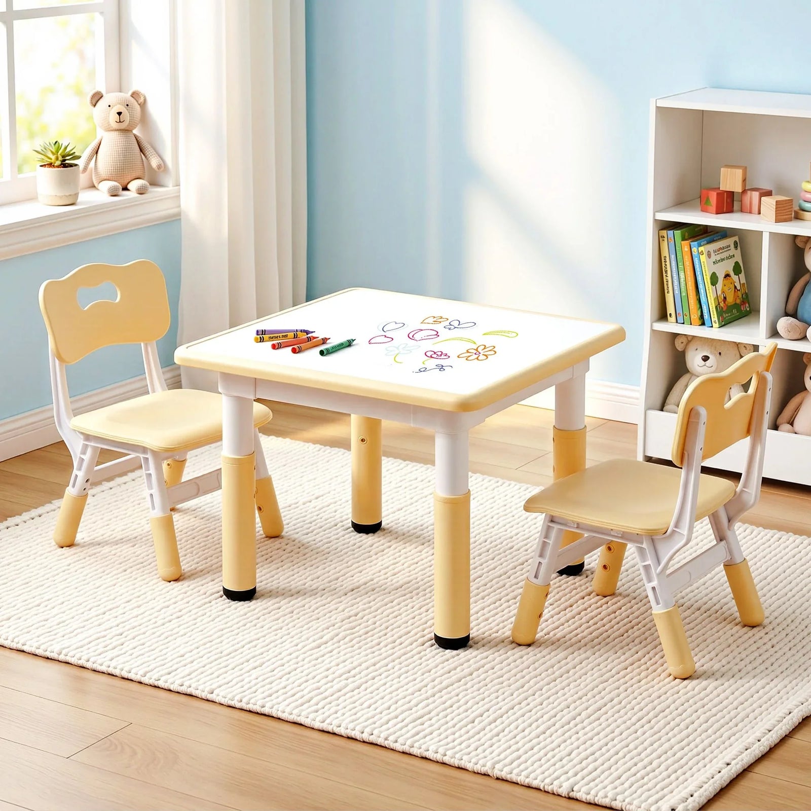 Kids Table and 2 Chairs Set Height Adjustable Toddler Desk and Chair Set for Ages 3-8, Activity Table with Graffiti Desktop for Learning Drawing Playing, Yellow