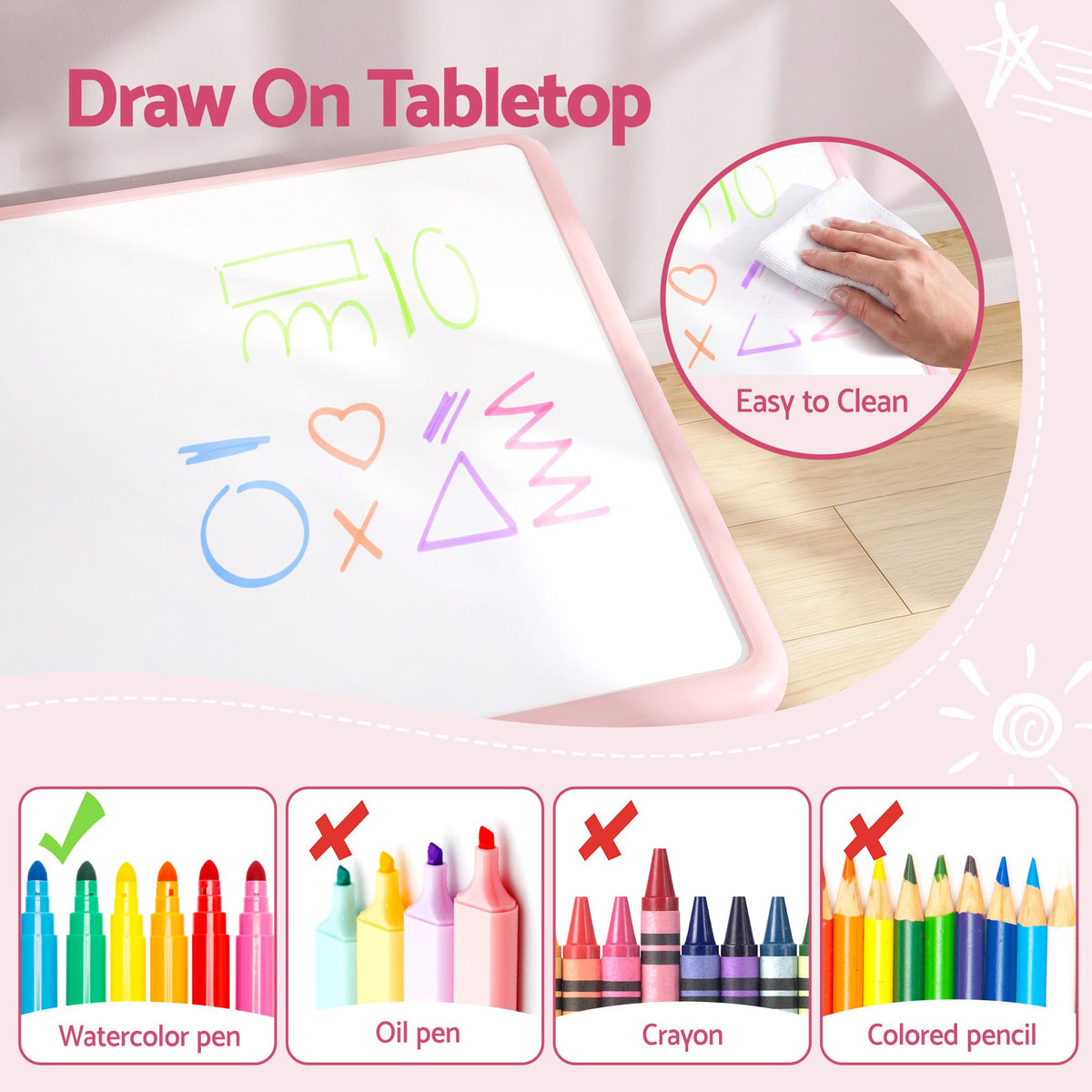 Keezi Kids Table and 2 Chairs Set Height Adjustable Toddler Activity Table Graffiti Top Pink