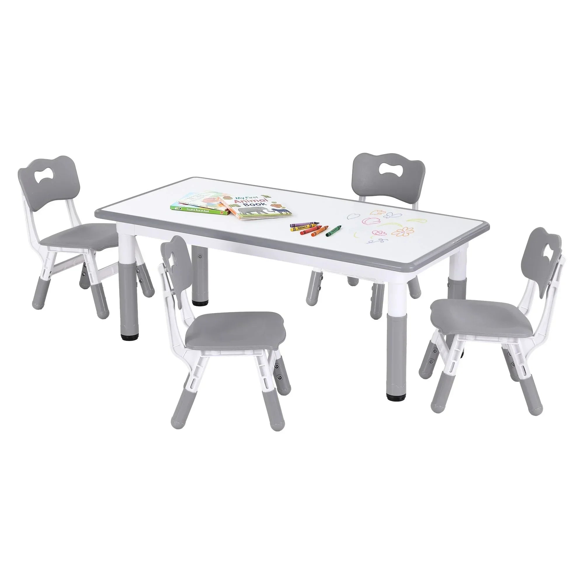 Kids Table and 4 Chairs Set Height Adjustable Toddler Desk and Chair Set for Ages 3-8, Children Activity Table with Graffiti Desktop for Learning Drawing Playing, Grey