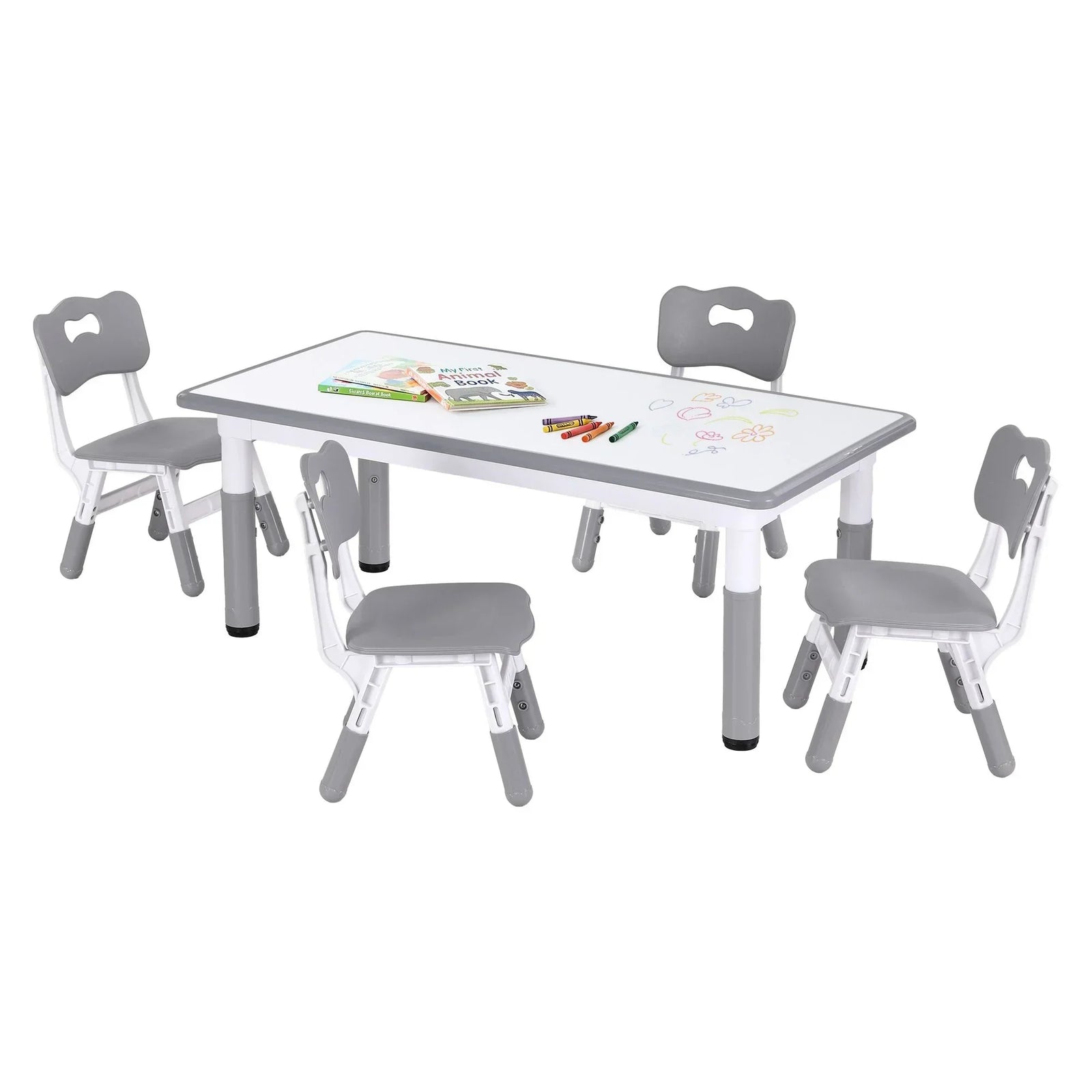 Kids Table and 4 Chairs Set Height Adjustable Toddler Desk and Chair Set for Ages 3-8, Children Activity Table with Graffiti Desktop for Learning Drawing Playing, Grey