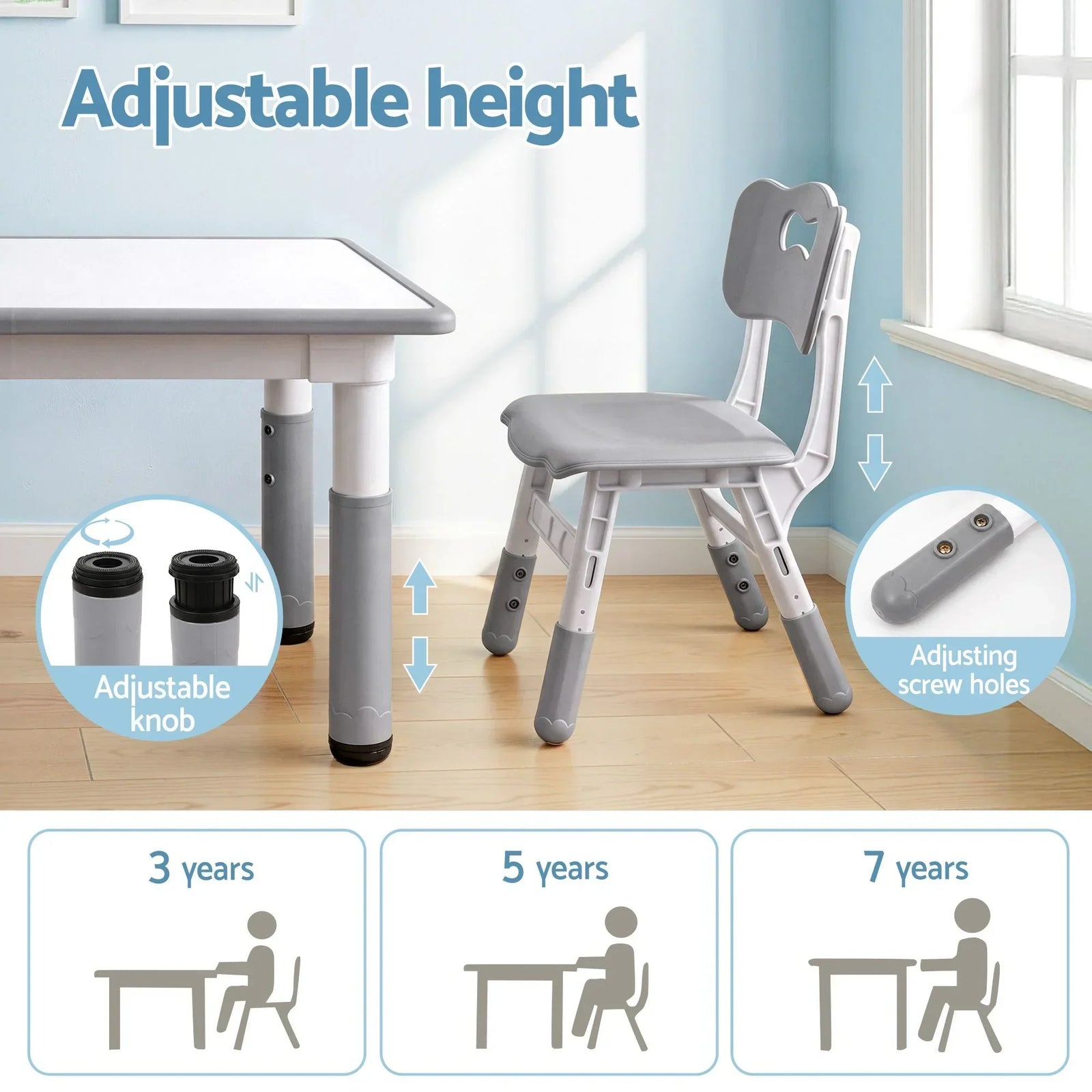 Kids Table and 4 Chairs Set Height Adjustable Toddler Desk and Chair Set for Ages 3-8, Children Activity Table with Graffiti Desktop for Learning Drawing Playing, Grey