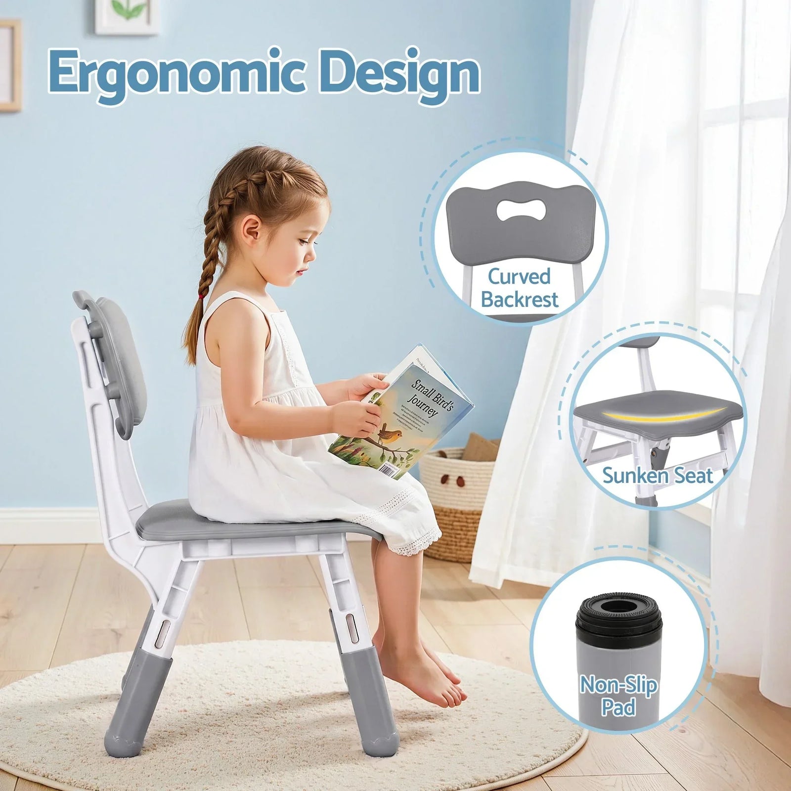 Kids Table and 4 Chairs Set Height Adjustable Toddler Desk and Chair Set for Ages 3-8, Children Activity Table with Graffiti Desktop for Learning Drawing Playing, Grey