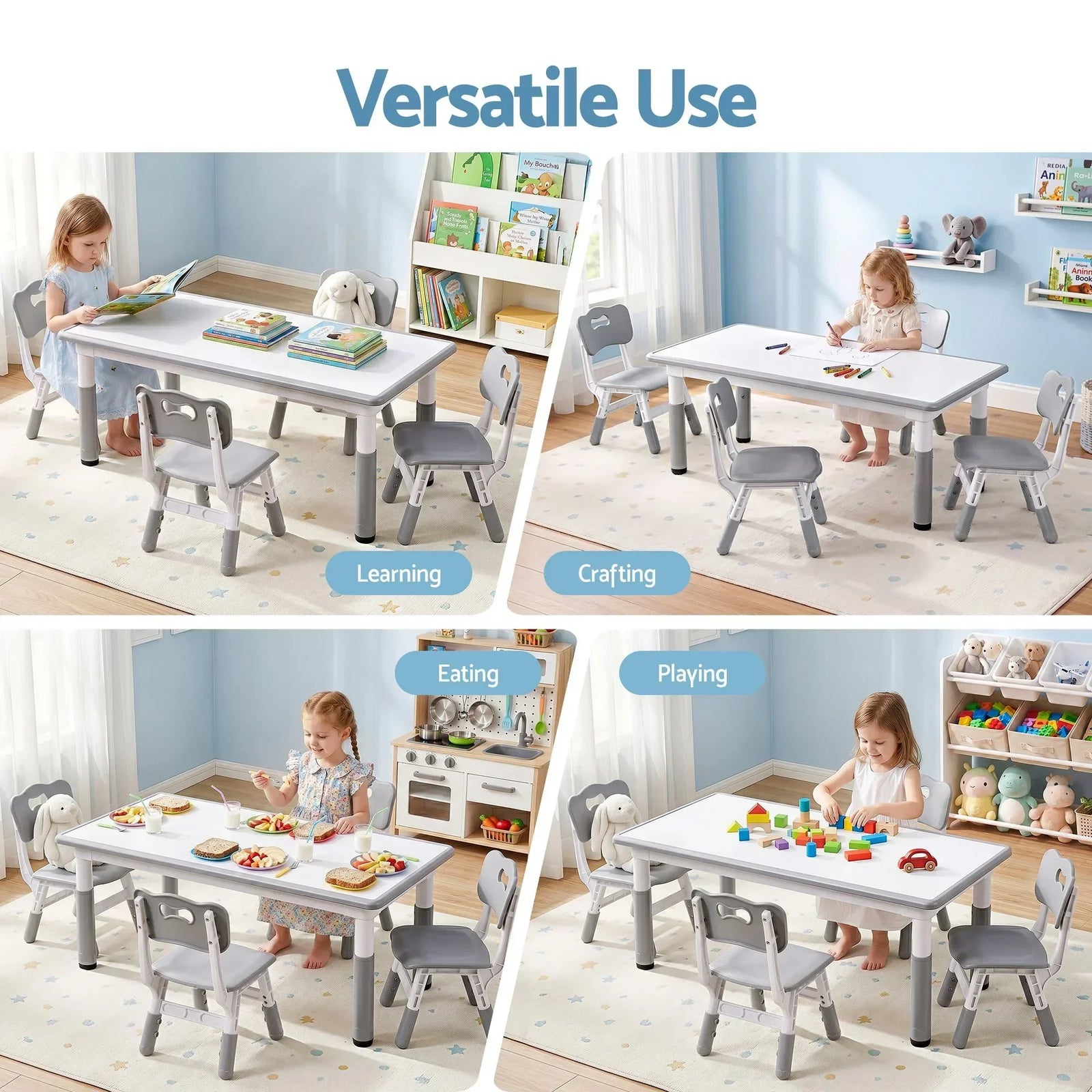 Kids Table and 4 Chairs Set Height Adjustable Toddler Desk and Chair Set for Ages 3-8, Children Activity Table with Graffiti Desktop for Learning Drawing Playing, Grey