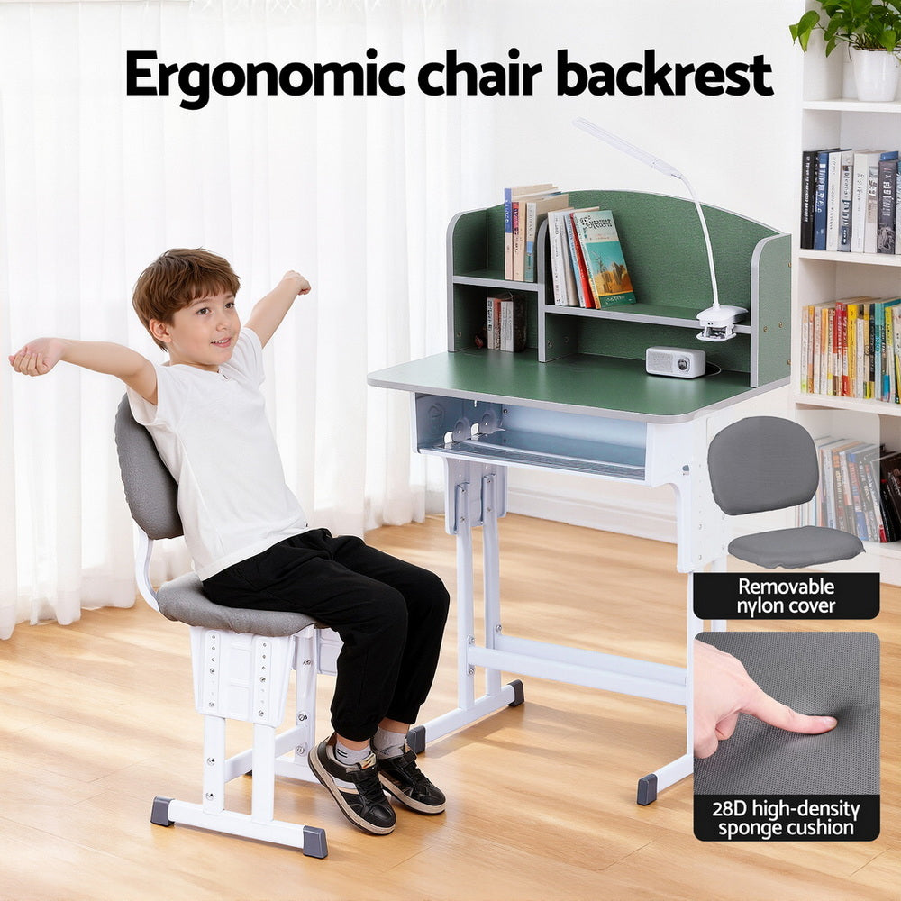 Kids Study Desk Chair Set Adjustable Ergonomic Table LED Lamp Green