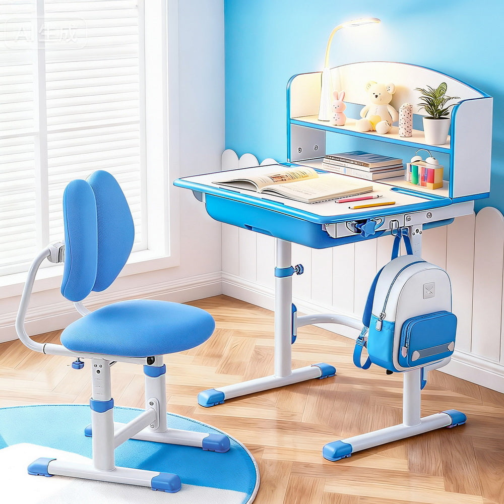 Kids Study Desk Chair Set Adjustable Ergonomic Table LED Lamp Blue