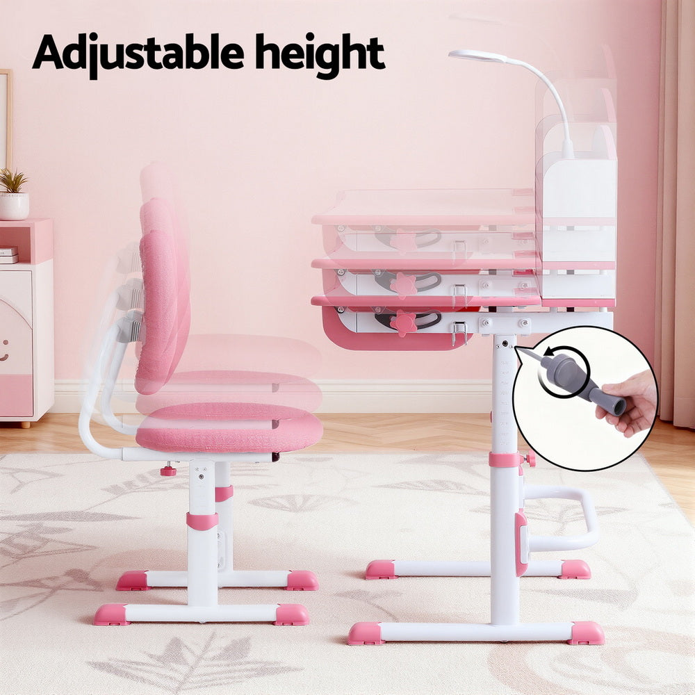 Kids Study Desk Chair Set Adjustable Ergonomic Table LED Lamp Pink