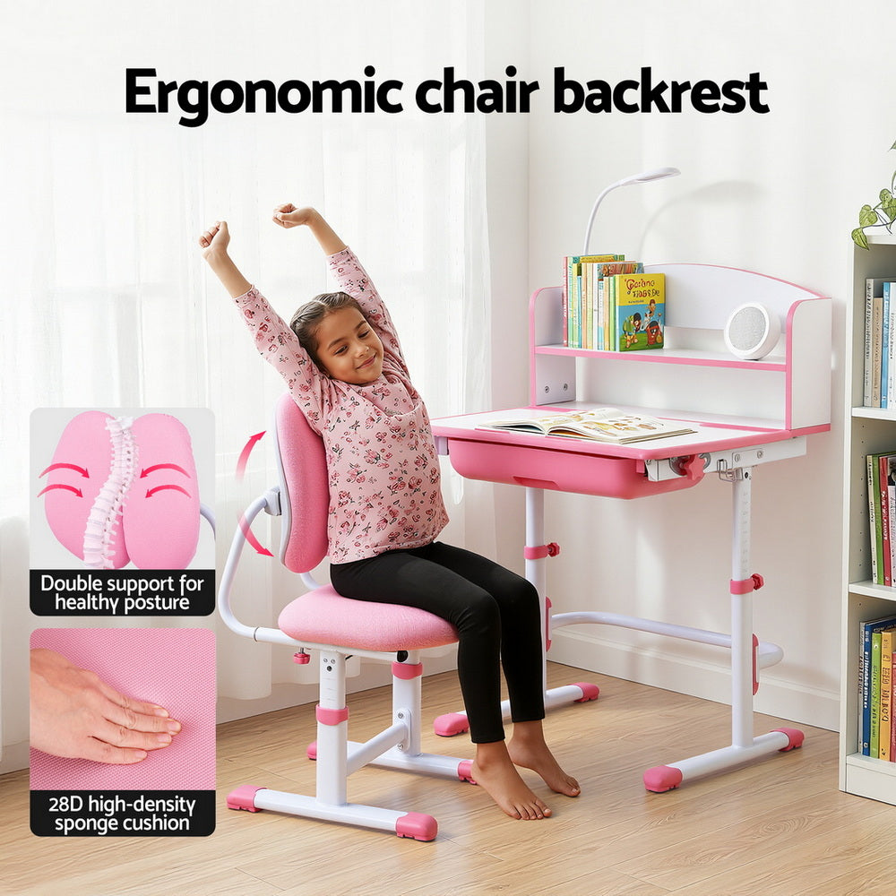 Kids Study Desk Chair Set Adjustable Ergonomic Table LED Lamp Pink