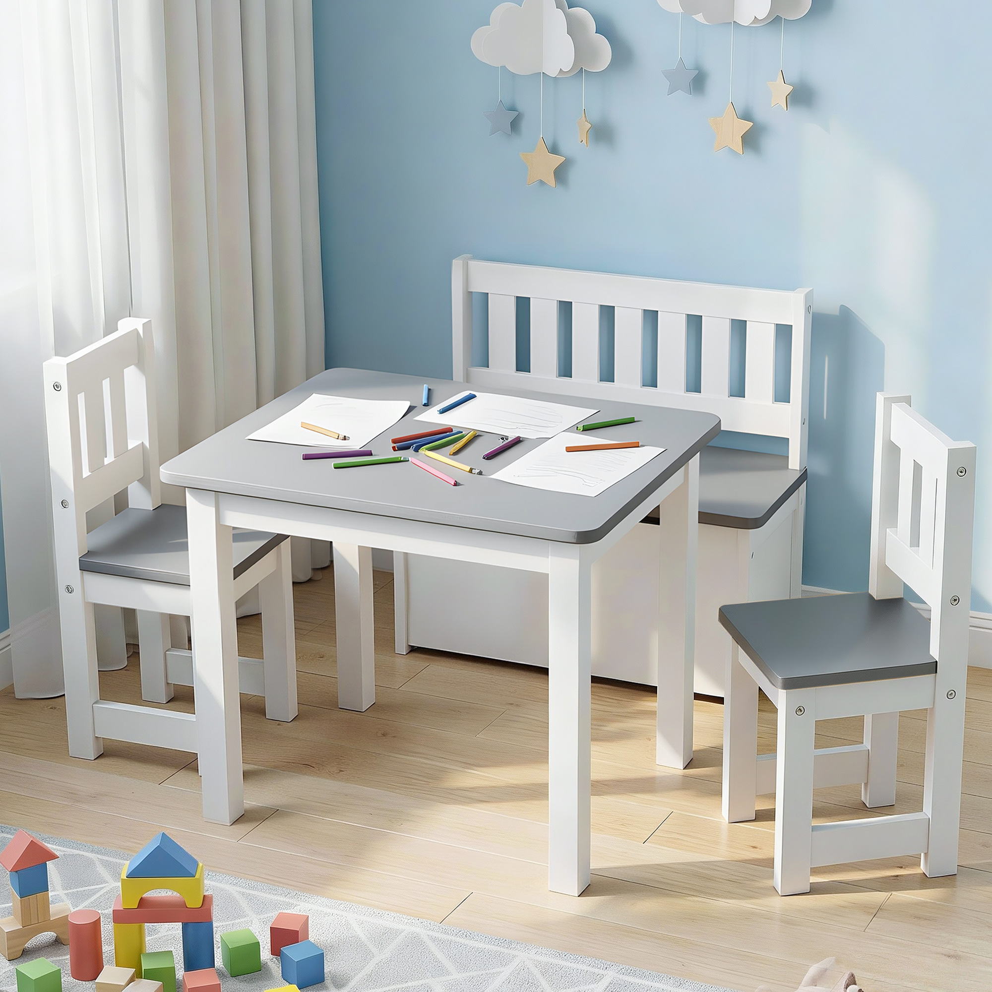2 in 1 Kids Table and Chair Set, Activity Table with Storage Bench and 2 Chairs for Reading, Drawing, Writing, Snack Time & Arts Crafts, 4 PCS Toddler Table and Chair Set, Grey