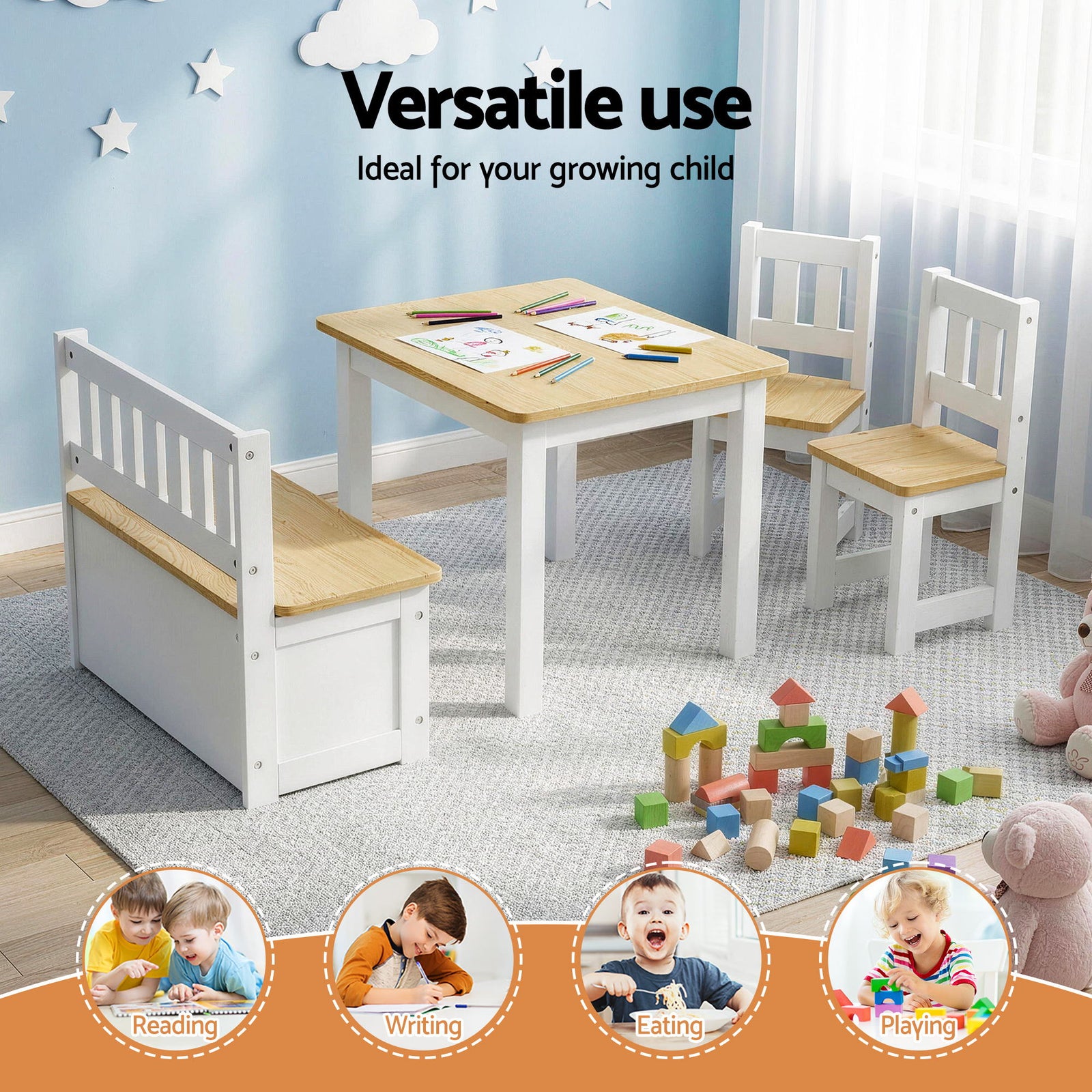 2 in 1 Kids Table and Chair Set, Activity Table with Storage Bench and 2 Chairs for Reading, Drawing, Writing, Snack Time & Arts Crafts, 4 PCS Toddler Table and Chair Set, Natural