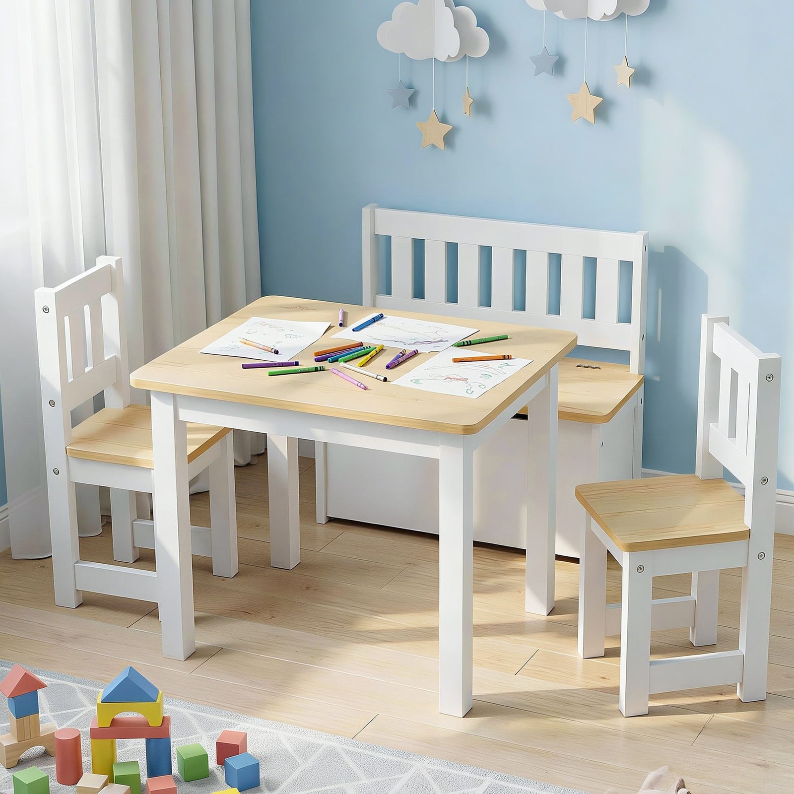 2 in 1 Kids Table and Chair Set, Activity Table with Storage Bench and 2 Chairs for Reading, Drawing, Writing, Snack Time & Arts Crafts, 4 PCS Toddler Table and Chair Set, Natural