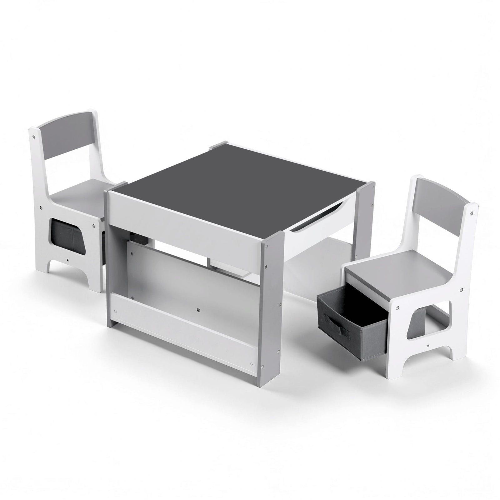 Kids Table and Chair Set, 4 in 1 Wooden Activity Table with Bookcase, Storage Box and Detachable Blackboard, Toddler Table and 2 Chairs Set, Grey