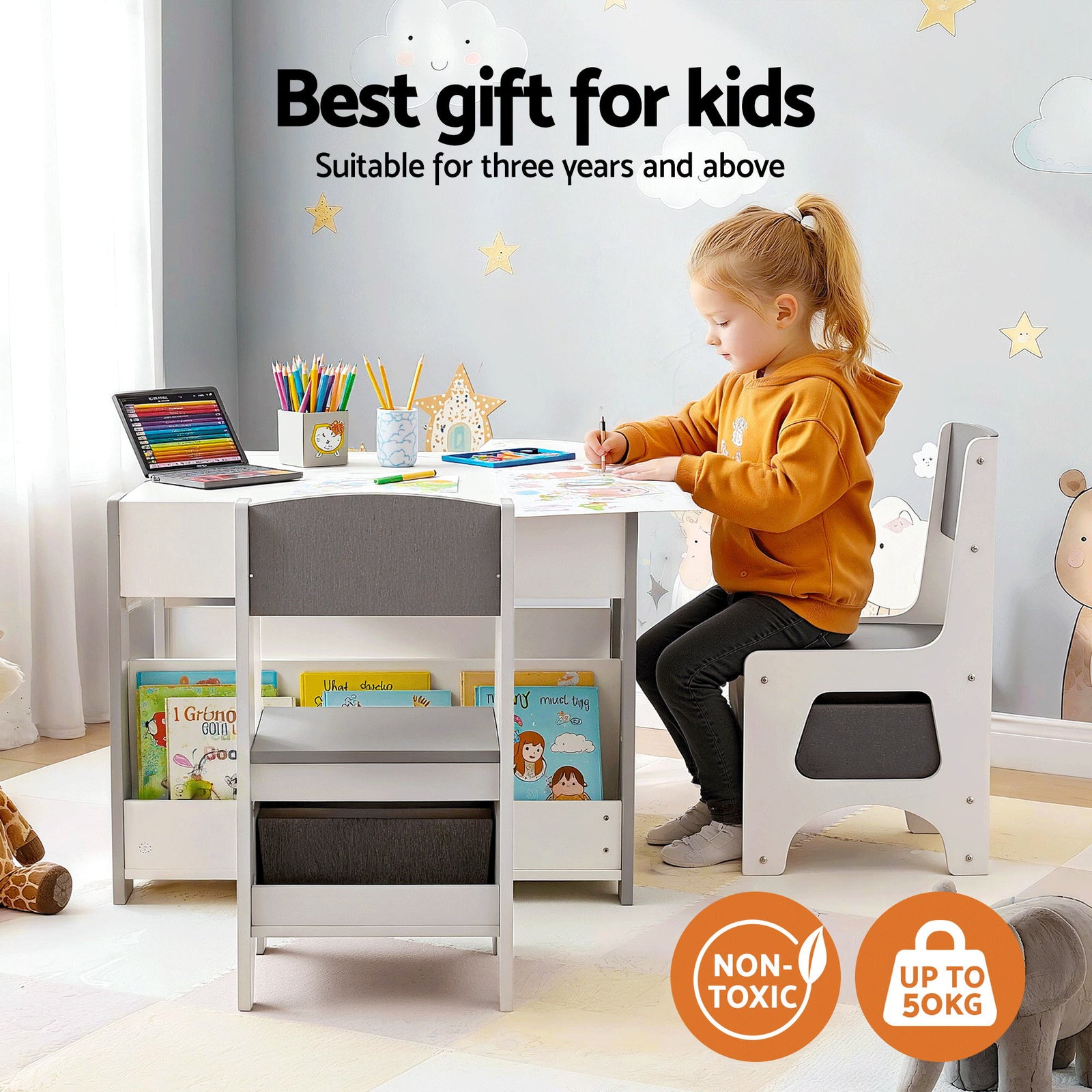 Kids Table and Chair Set, 4 in 1 Wooden Activity Table with Bookcase, Storage Box and Detachable Blackboard, Toddler Table and 2 Chairs Set, Grey
