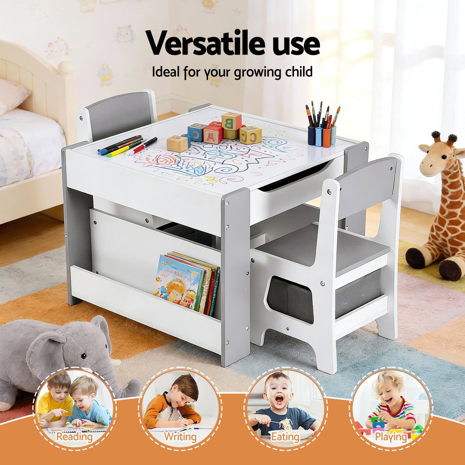 Kids Table and Chair Set, 4 in 1 Wooden Activity Table with Bookcase, Storage Box and Detachable Blackboard, Toddler Table and 2 Chairs Set, Grey