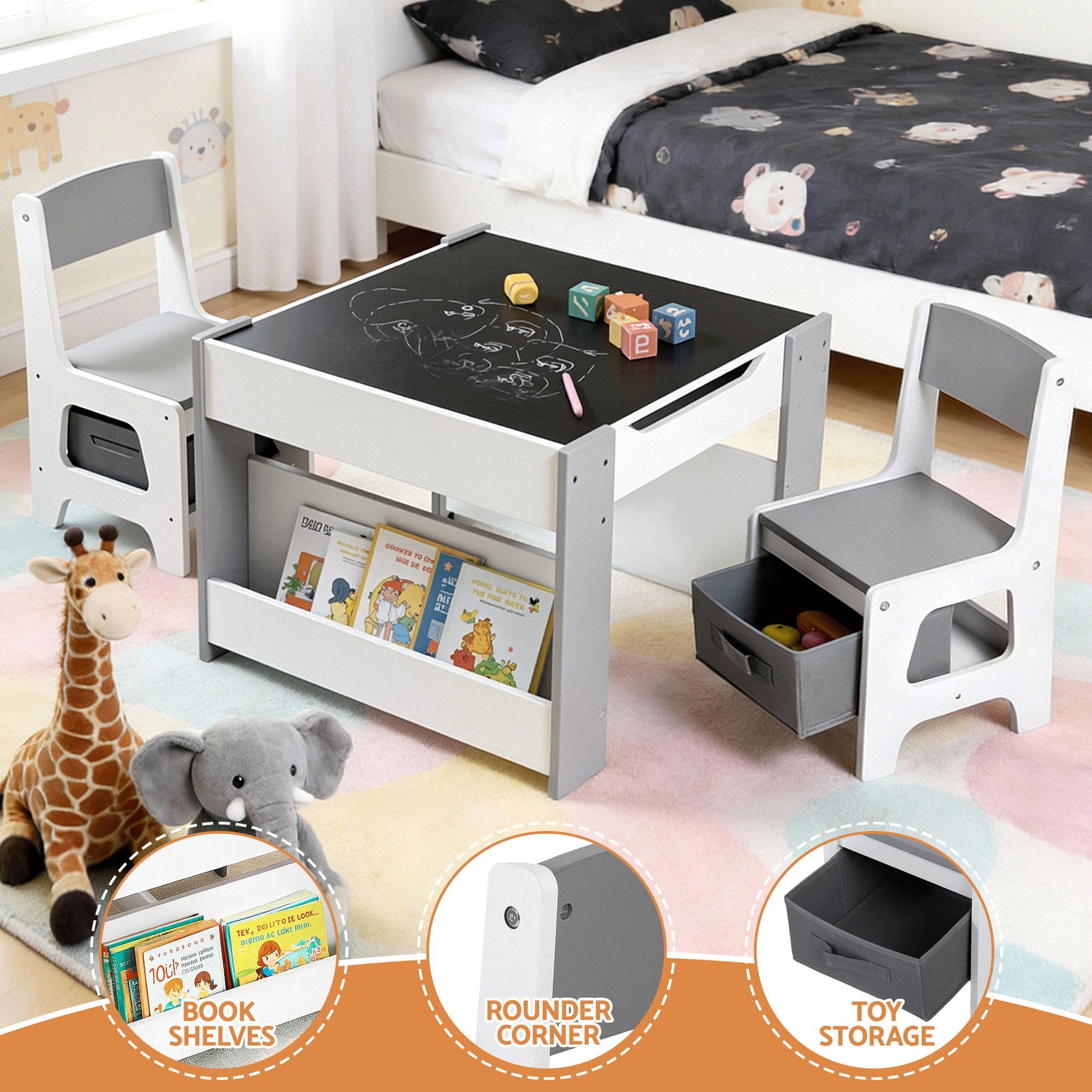 Kids Table and Chair Set, 4 in 1 Wooden Activity Table with Bookcase, Storage Box and Detachable Blackboard, Toddler Table and 2 Chairs Set, Grey