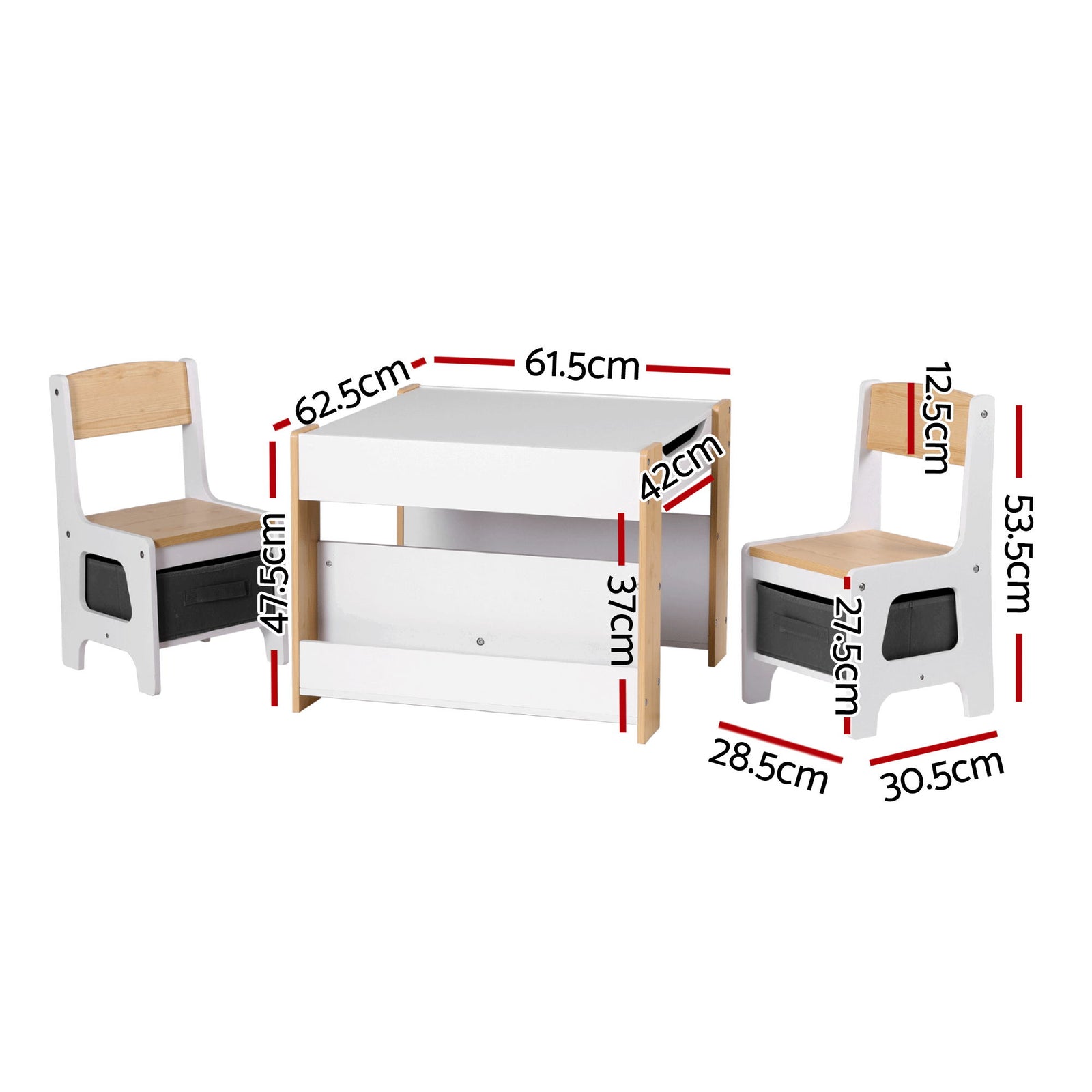 Kids Table and Chair Set, 4 in 1 Wooden Activity Table with Bookcase, Storage Box and Detachable Blackboard, Toddler Table and 2 Chairs Set, Natural