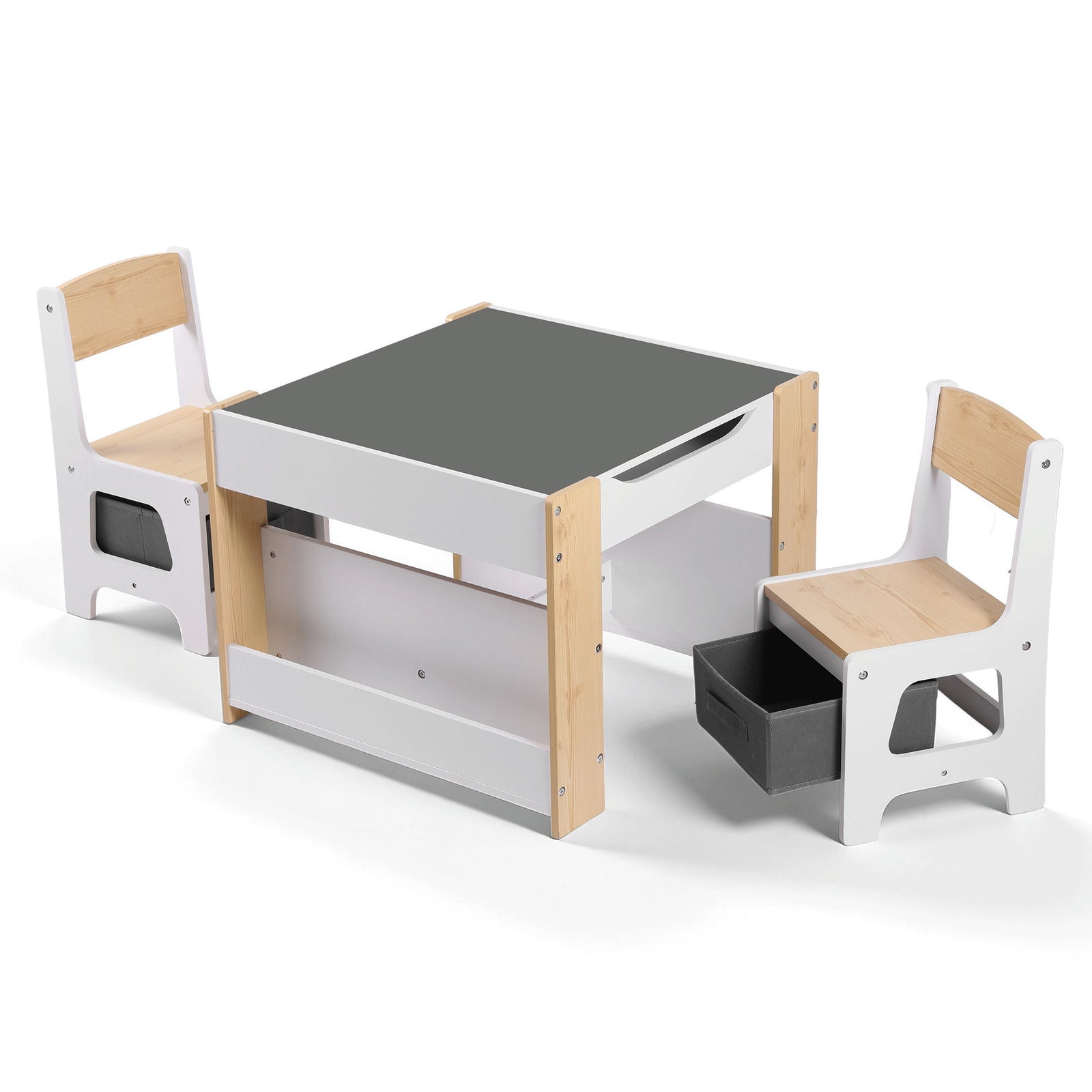 Kids Table and Chair Set, 4 in 1 Wooden Activity Table with Bookcase, Storage Box and Detachable Blackboard, Toddler Table and 2 Chairs Set, Natural