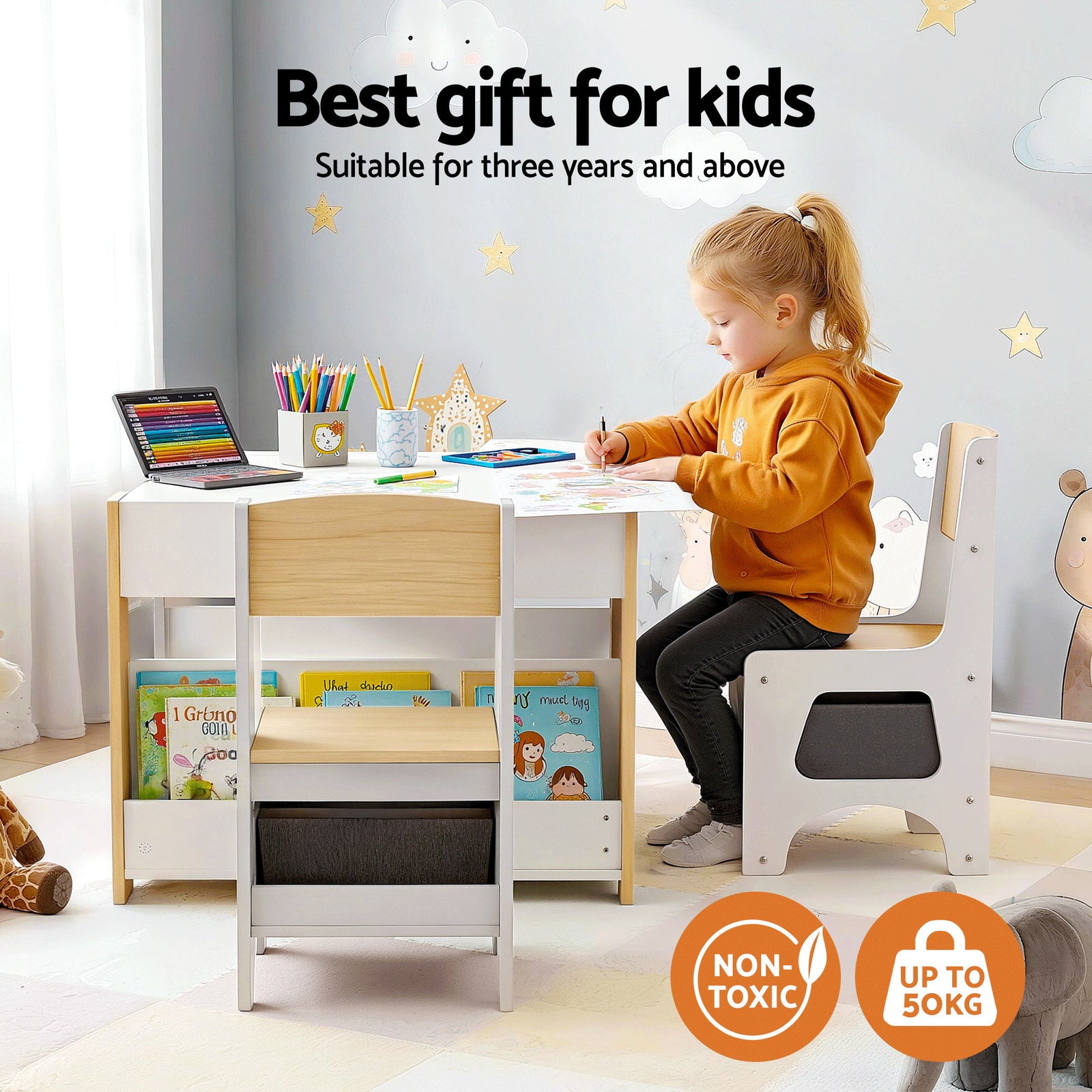 Kids Table and Chair Set, 4 in 1 Wooden Activity Table with Bookcase, Storage Box and Detachable Blackboard, Toddler Table and 2 Chairs Set, Natural