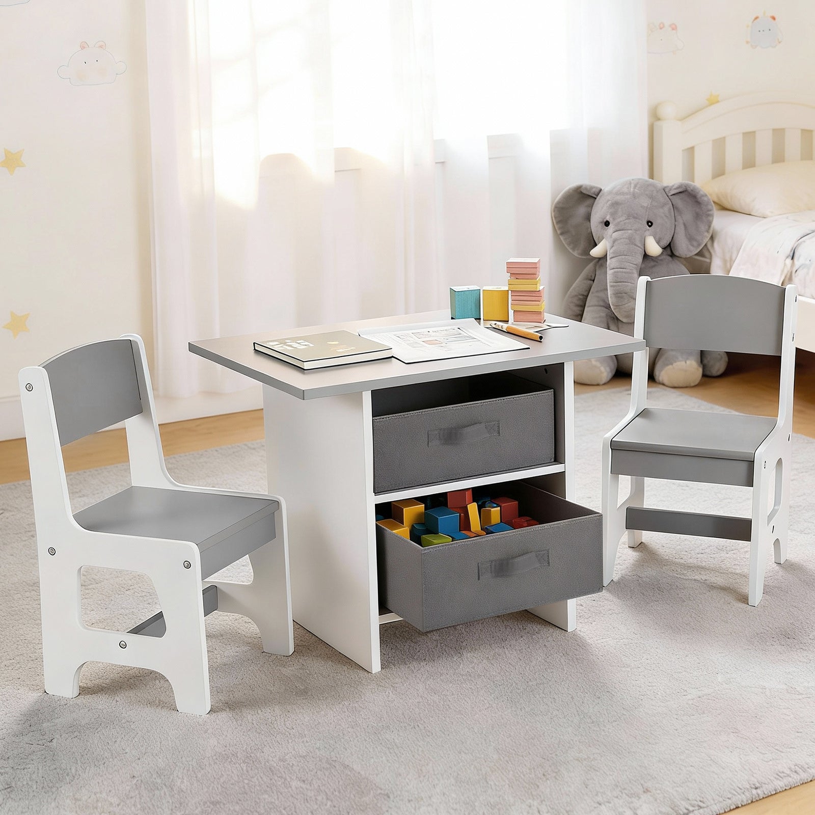 Kids Table and 2 Chairs Set Wooden Activity Table wit 2 Storage Drawers, Toddler Table and Chair Set for Children Drawing, Reading, Crafts, Eating, Grey