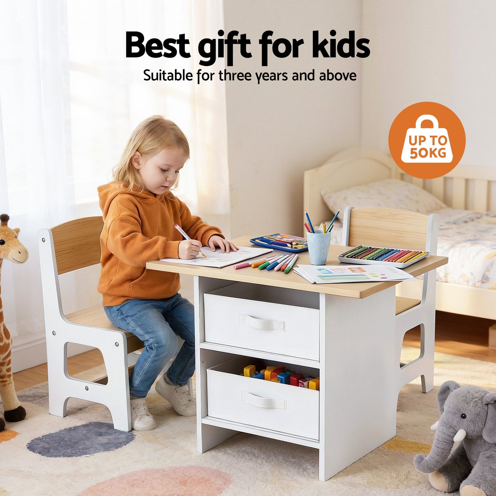 Kids Table and 2 Chairs Set Wooden Activity Table wit 2 Storage Drawers, Toddler Table and Chair Set for Children Drawing, Reading, Crafts, Eating, Natural