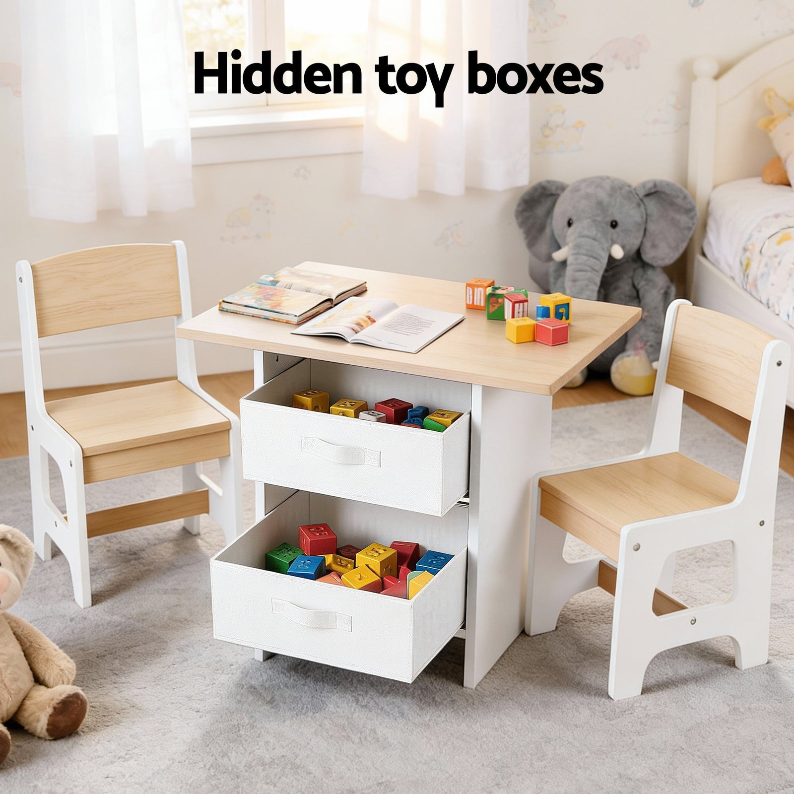 Kids Table and 2 Chairs Set Wooden Activity Table wit 2 Storage Drawers, Toddler Table and Chair Set for Children Drawing, Reading, Crafts, Eating, Natural